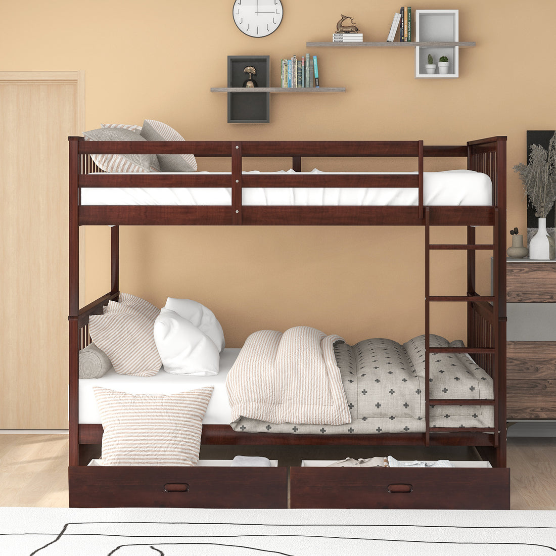 Full Over Full Bunk Bed With Ladders And Two Storage Drawers Espresso Old Sku:Lt000365Aap Espresso Solid Wood