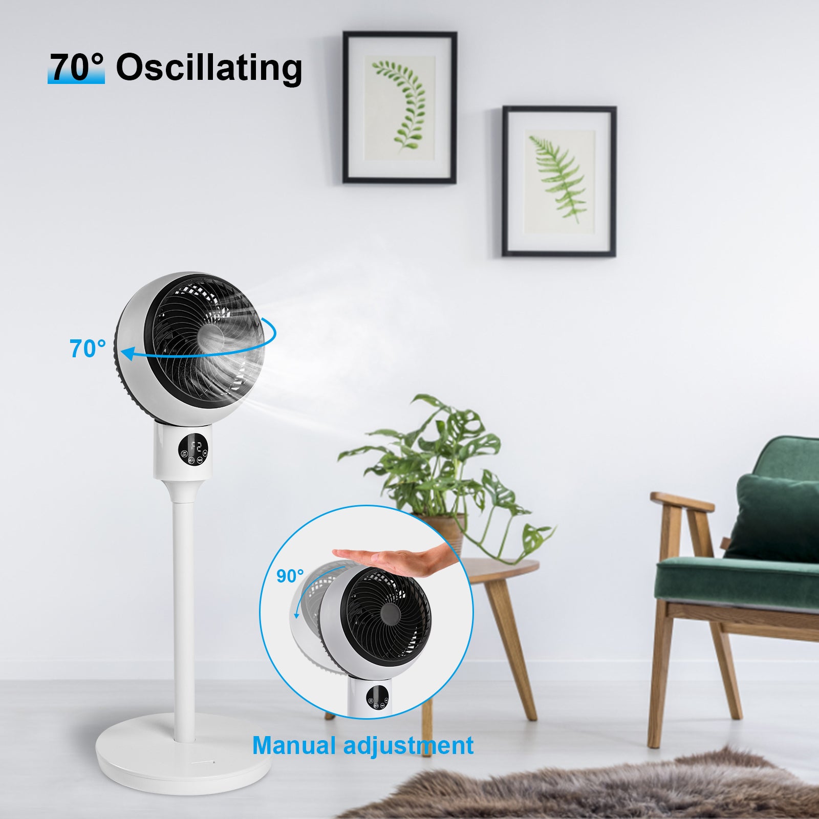 Circulating Stand Fan For Home Bedroom With Remote, Standing Fans Ocillation 70 , Pedestal Fan 3 Speeds,3 Modes,15Hour Timing, Led Display, For Indoor, Bedroom And Home Office, 7 Inch,White White Plastic