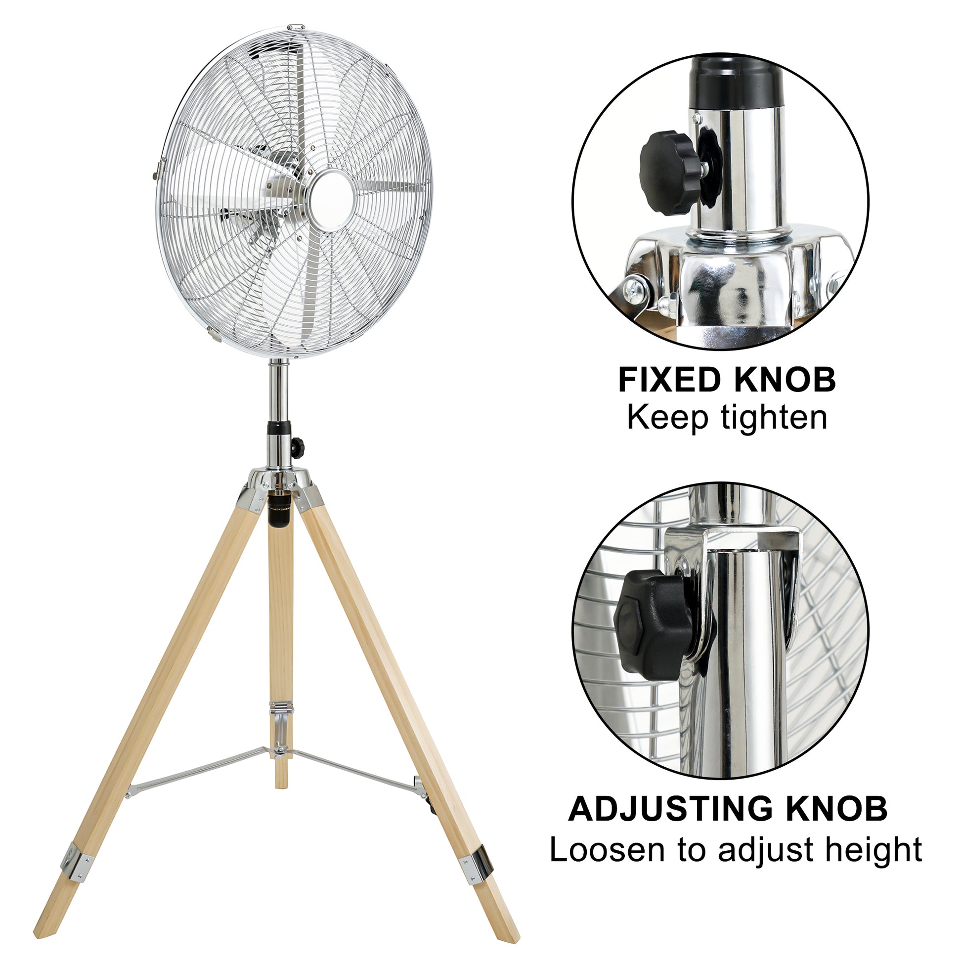 Simple Deluxe Retro Tripod Fan, Home Air Circulation Nostalgic Vertical Fan, 3 Speeds, Adjustable Height, Silver 16 Inch, 16 Inch Silver Metal