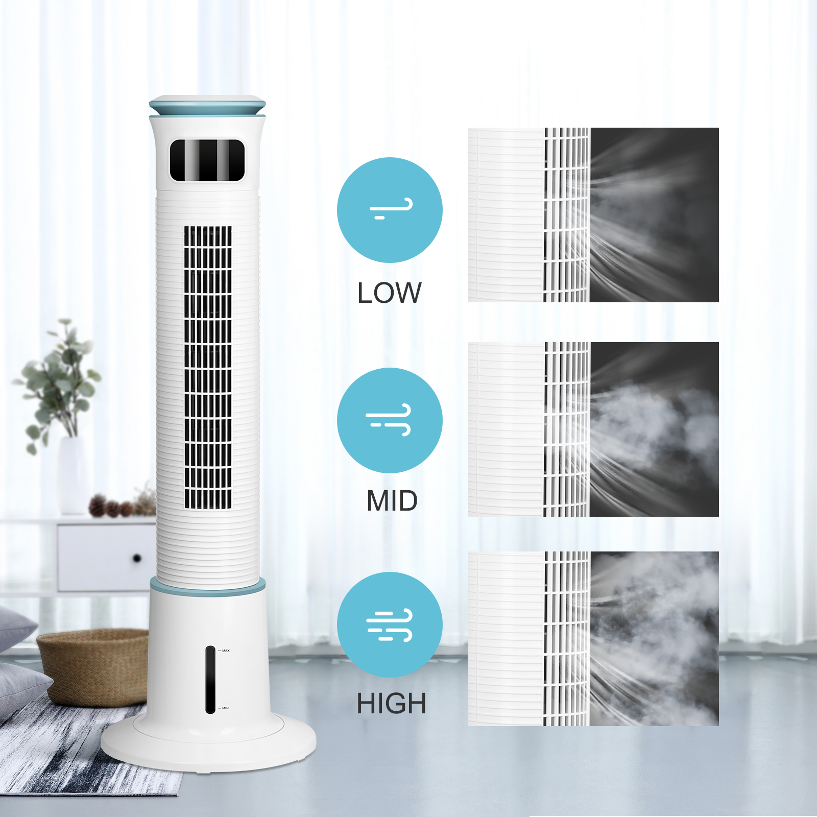 Simple Deluxe Mist Tower Fan, 12 Speeds & 3 Modes Settings Standing Fan15 Hour Timing Closure Cooling Fan, Low Noise, 43 Inches, White White Plastic