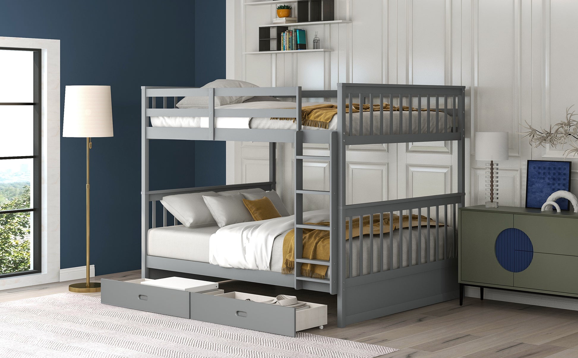 Full Over Full Bunk Bed With Ladders And Two Storage Drawers Gray Old Sku:Lt000365Aae Gray Solid Wood