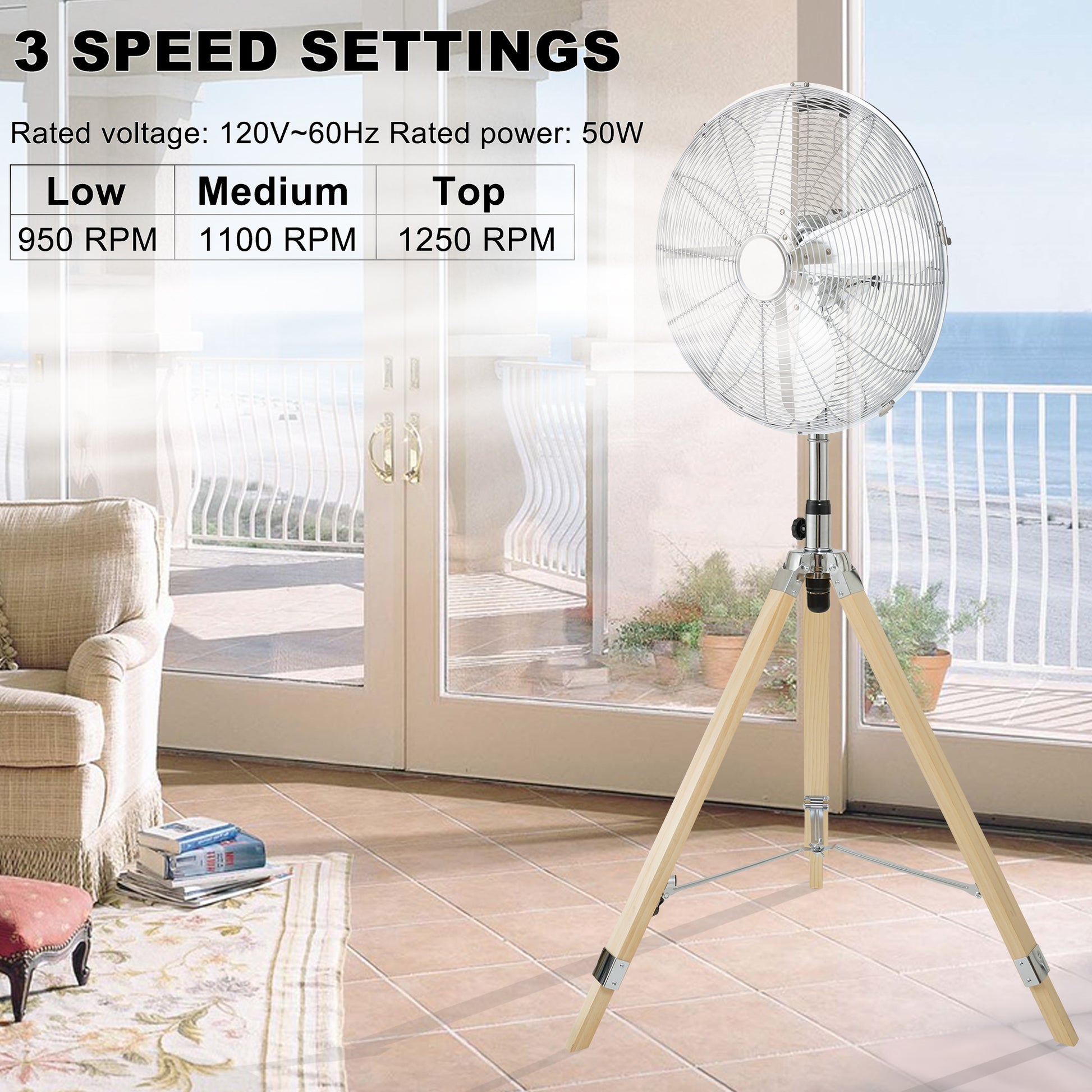 Simple Deluxe Retro Tripod Fan, Home Air Circulation Nostalgic Vertical Fan, 3 Speeds, Adjustable Height, Silver 16 Inch, 16 Inch Silver Metal