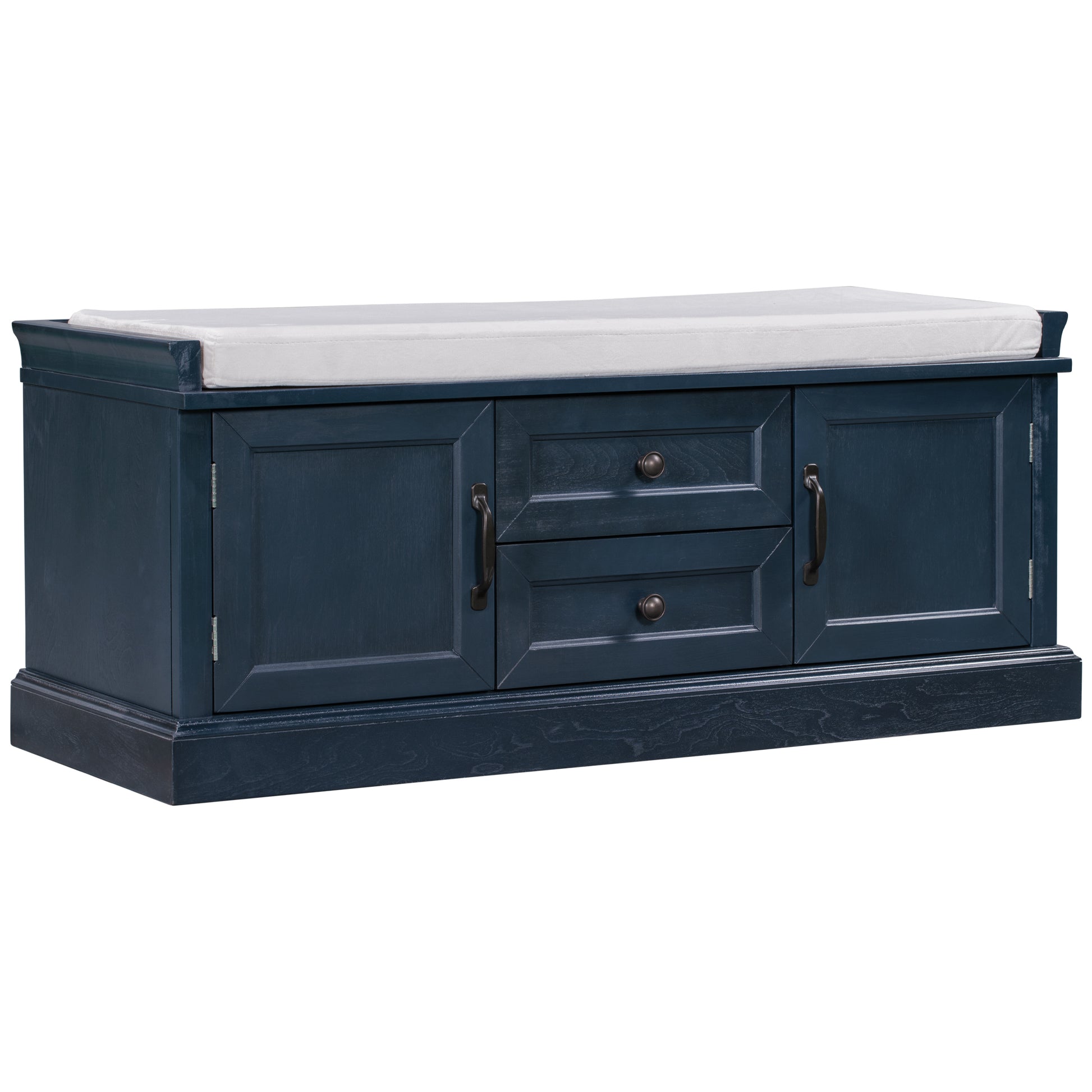 Storage Bench With 2 Drawers And 2 Cabinets, Shoe Bench With Removable Cushion For Living Room, Entryway Antique Navy Antique Navy Solid Wood