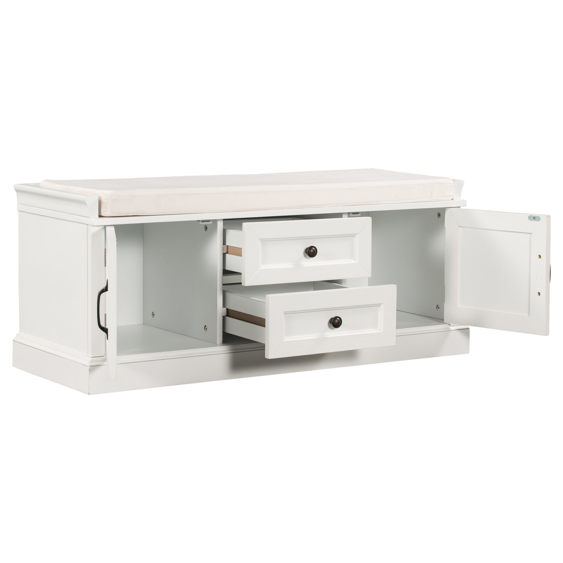 Storage Bench With 2 Drawers And 2 Cabinets, Shoe Bench With Removable Cushion For Living Room, Entryway White White Solid Wood