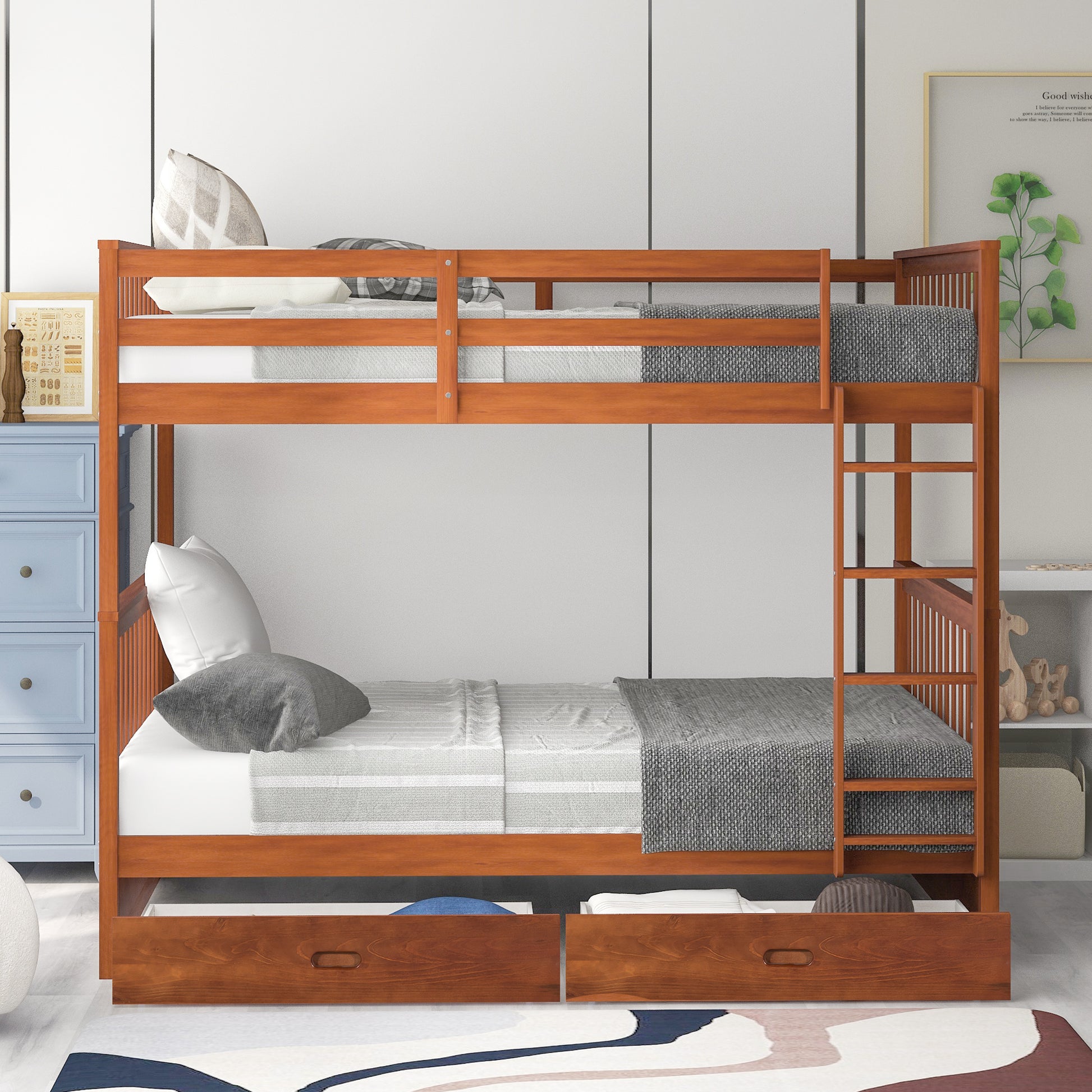 Full Over Full Bunk Bed With Ladders And Two Storage Drawers Walnut Old Sku:Lt000365Aad Walnut Solid Wood