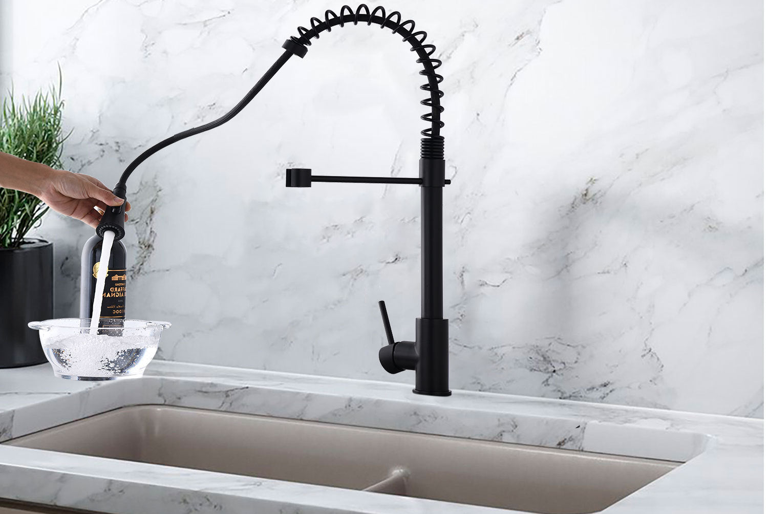 Commercial Modern Single Handle Spring High Arc Kitchen Faucet Matte Black Matte Black Stainless Steel