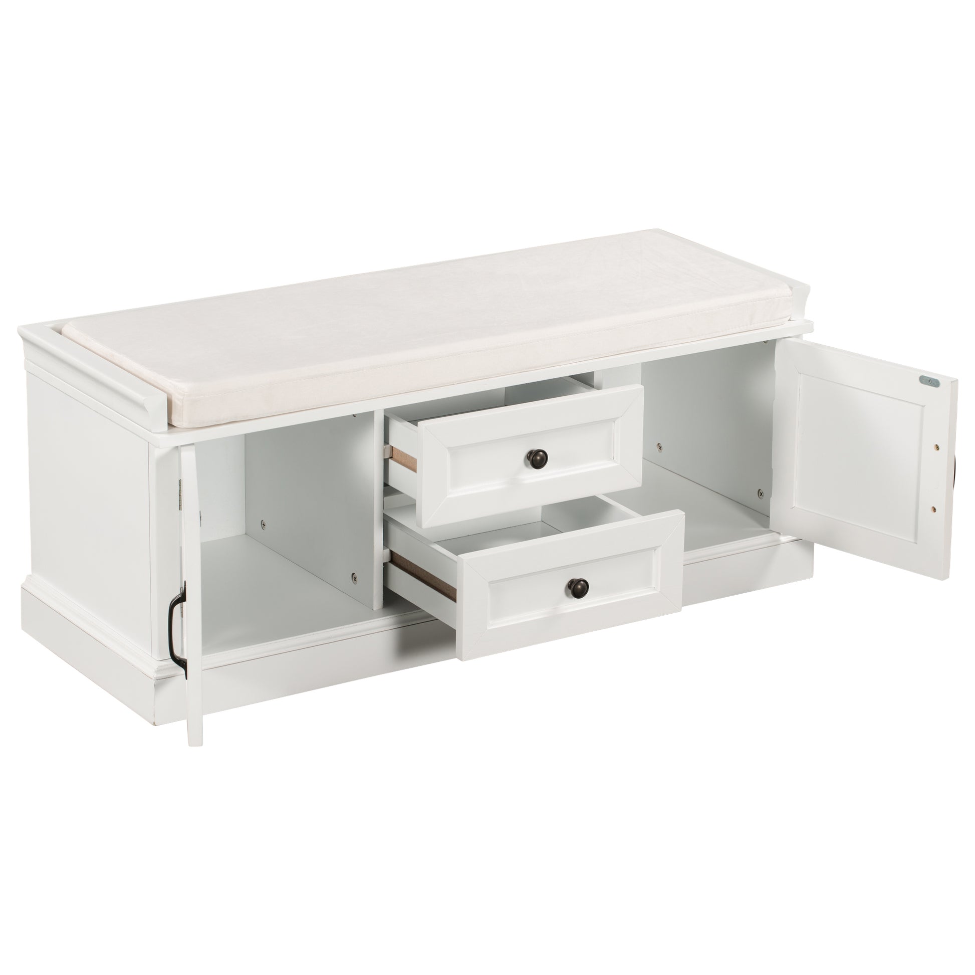 Storage Bench With 2 Drawers And 2 Cabinets, Shoe Bench With Removable Cushion For Living Room, Entryway White White Solid Wood