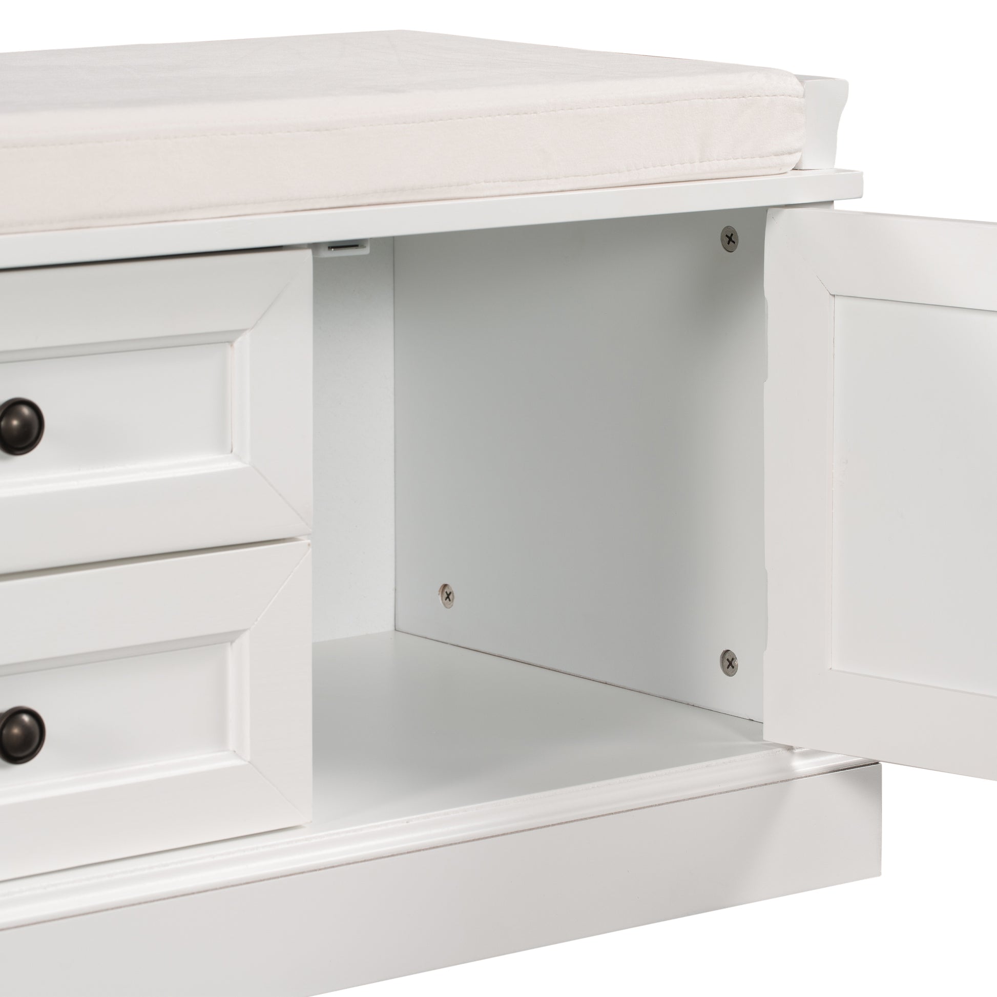 Storage Bench With 2 Drawers And 2 Cabinets, Shoe Bench With Removable Cushion For Living Room, Entryway White White Solid Wood