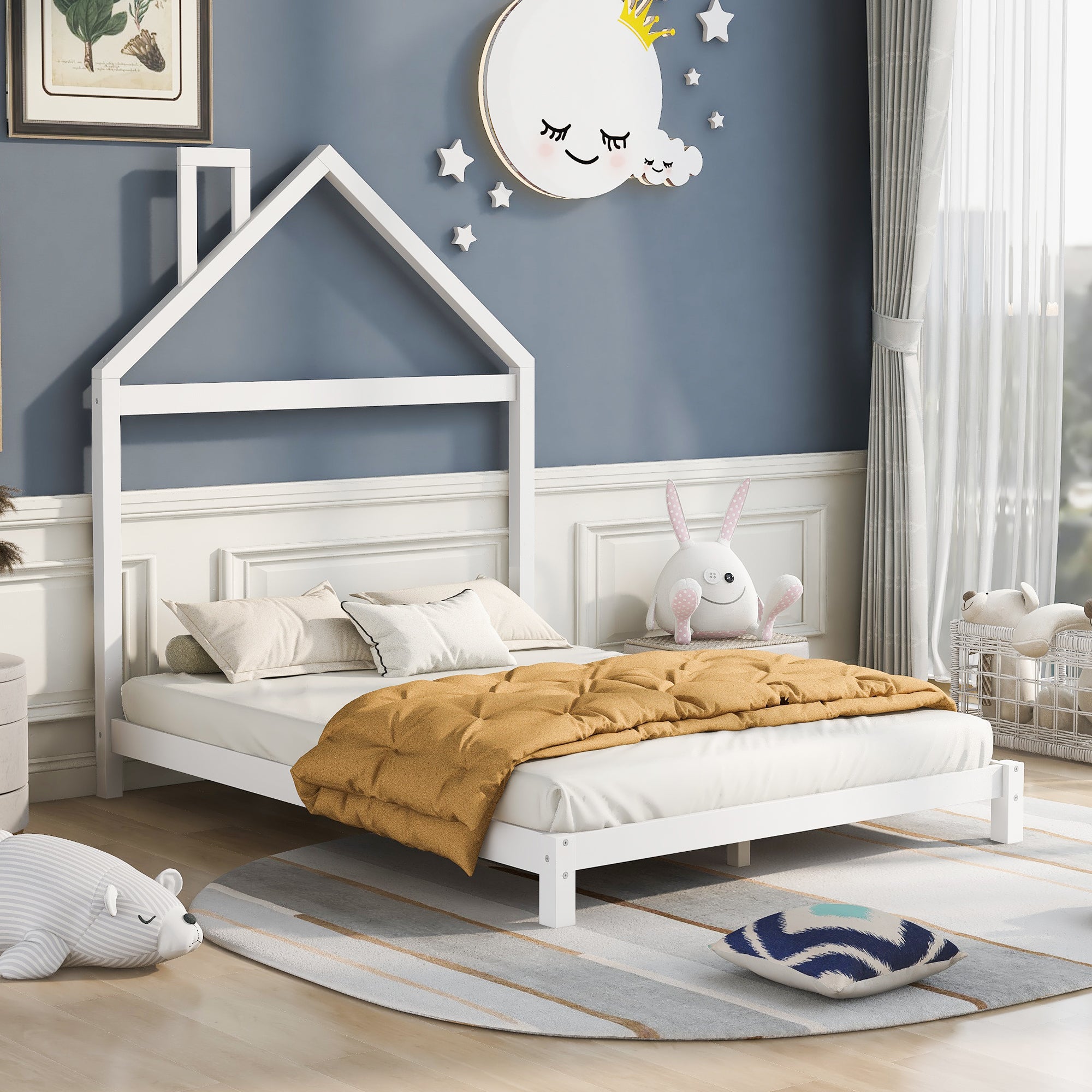 Full Size Wood Platform Bed With House Shaped Headboard White White Solid Wood