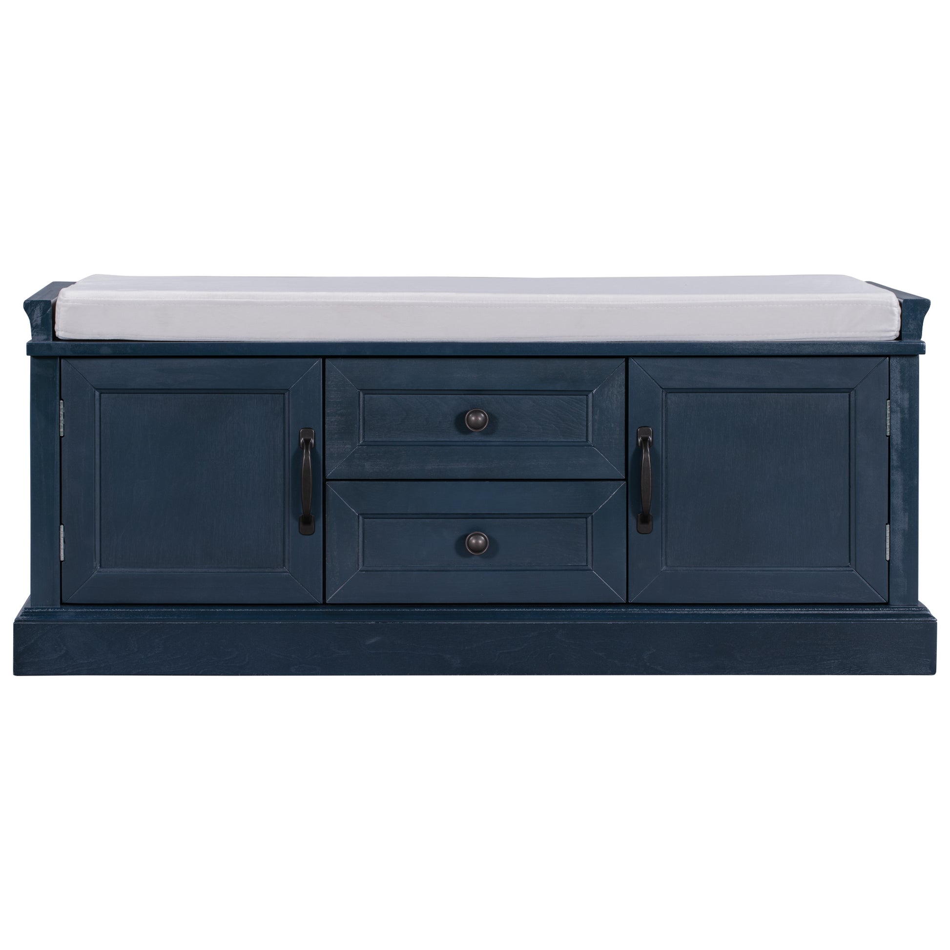 Storage Bench With 2 Drawers And 2 Cabinets, Shoe Bench With Removable Cushion For Living Room, Entryway Antique Navy Antique Navy Solid Wood