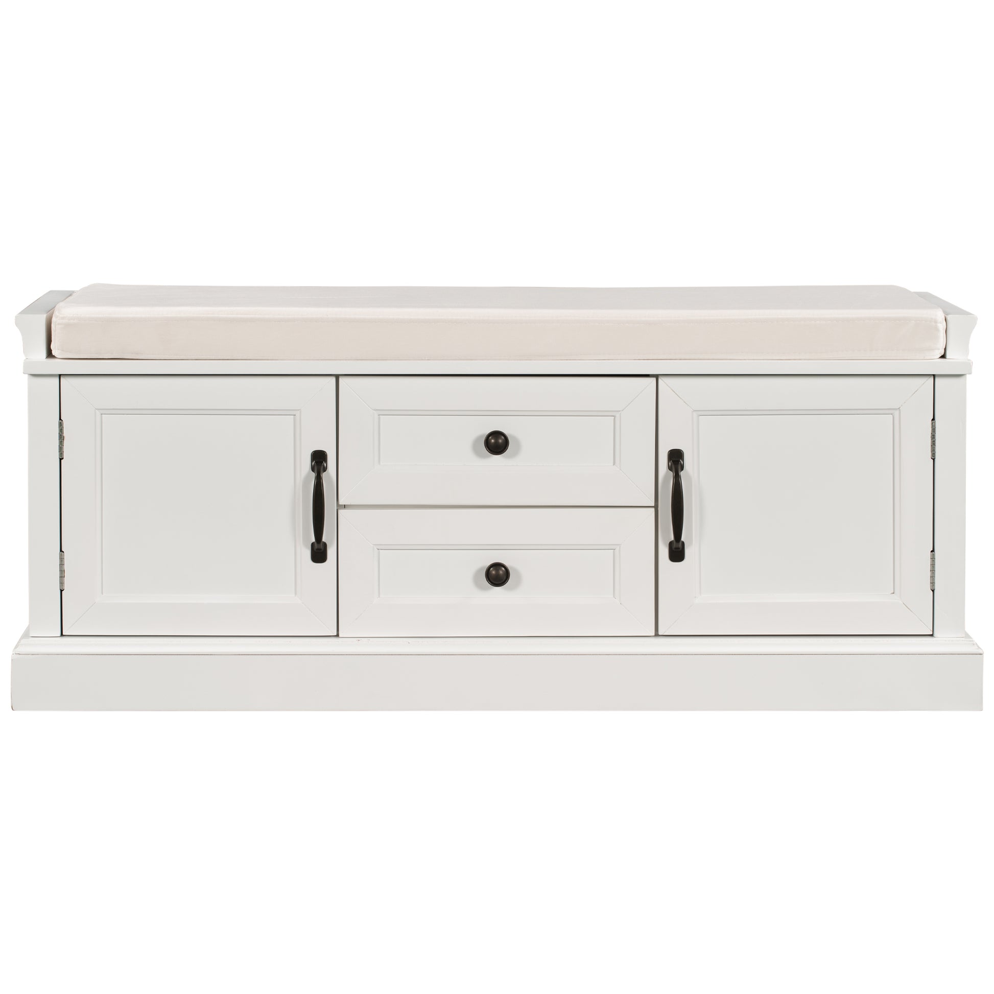 Storage Bench With 2 Drawers And 2 Cabinets, Shoe Bench With Removable Cushion For Living Room, Entryway White White Solid Wood