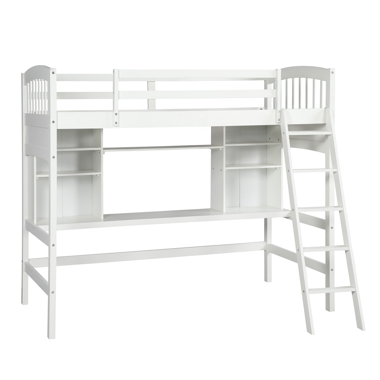 Twin Size Loft Bed With Storage Shelves, Desk And Ladder, White Old Sku :Lp000140Kaa Twin White Solid Wood