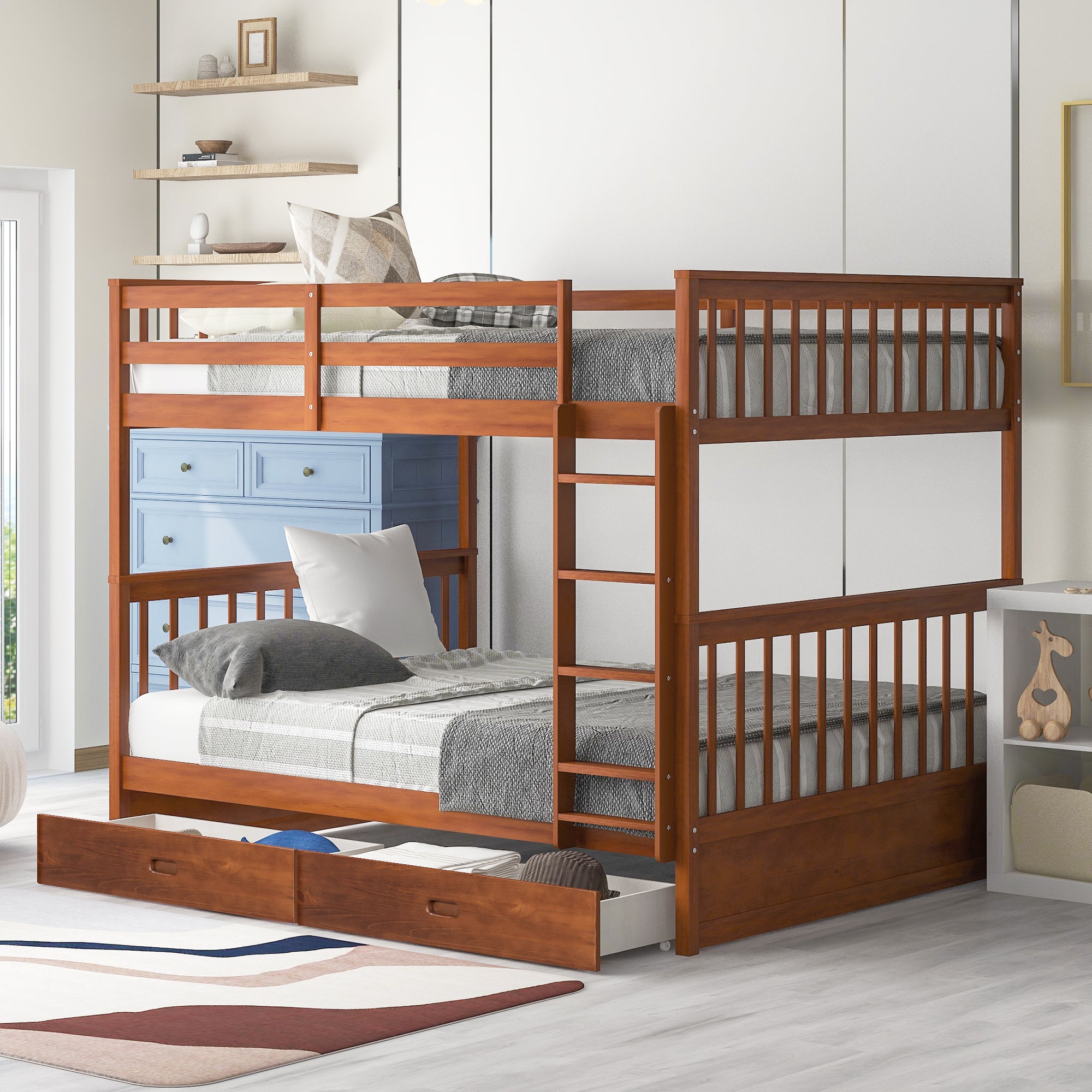 Full Over Full Bunk Bed With Ladders And Two Storage Drawers Walnut Old Sku:Lt000365Aad Walnut Solid Wood