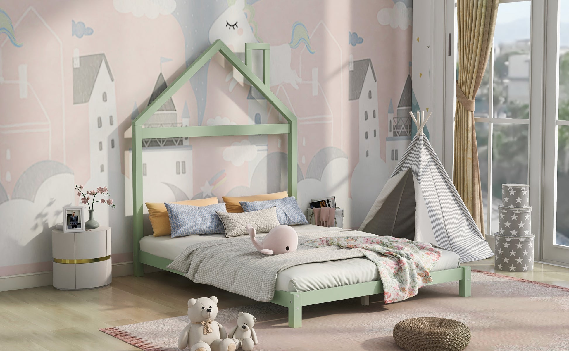 Full Size Wood Platform Bed With House Shaped Headboard Green Green Solid Wood