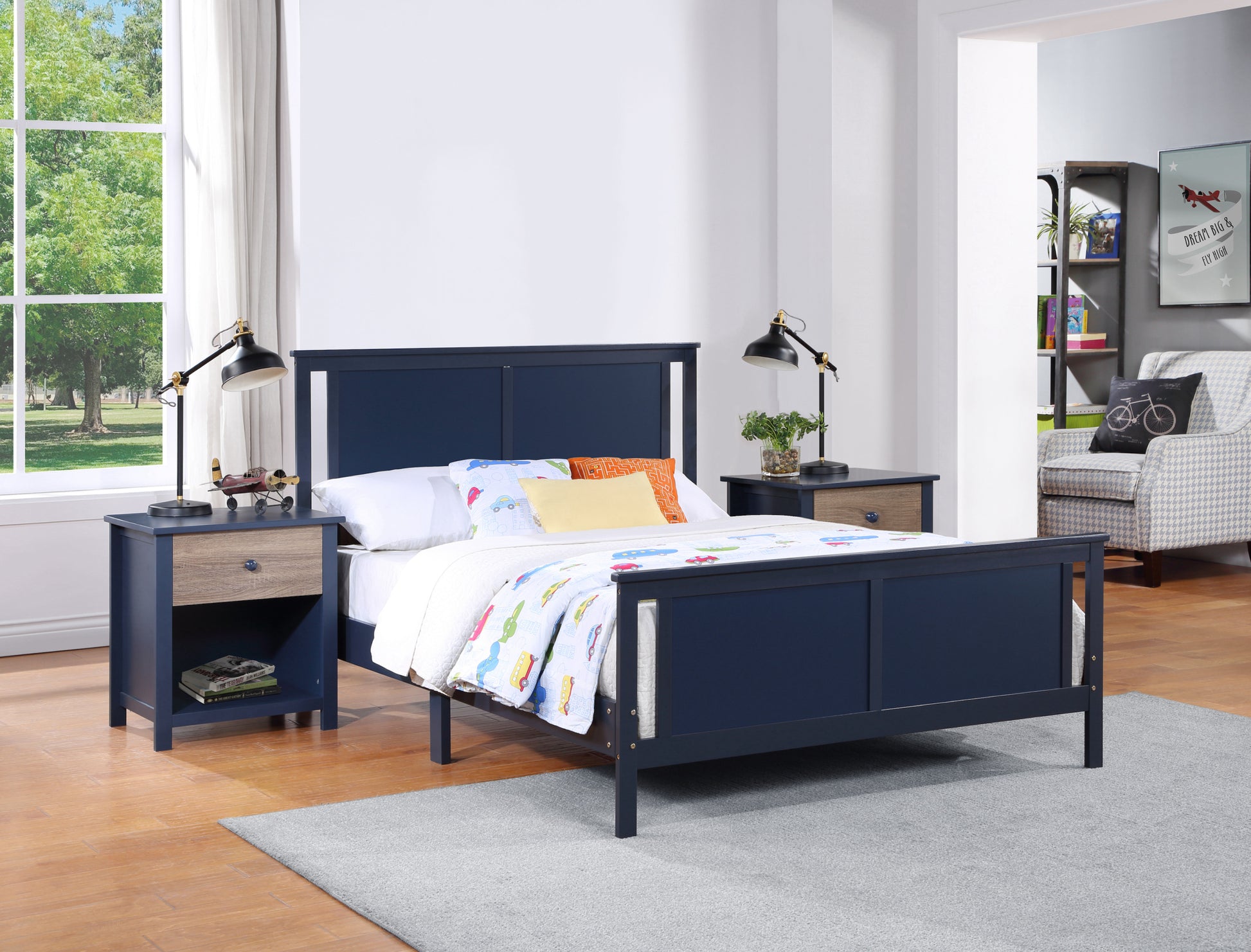 Connelly Full Bed Midnight Blue Vintage Walnut Dark Blue Solid Wood