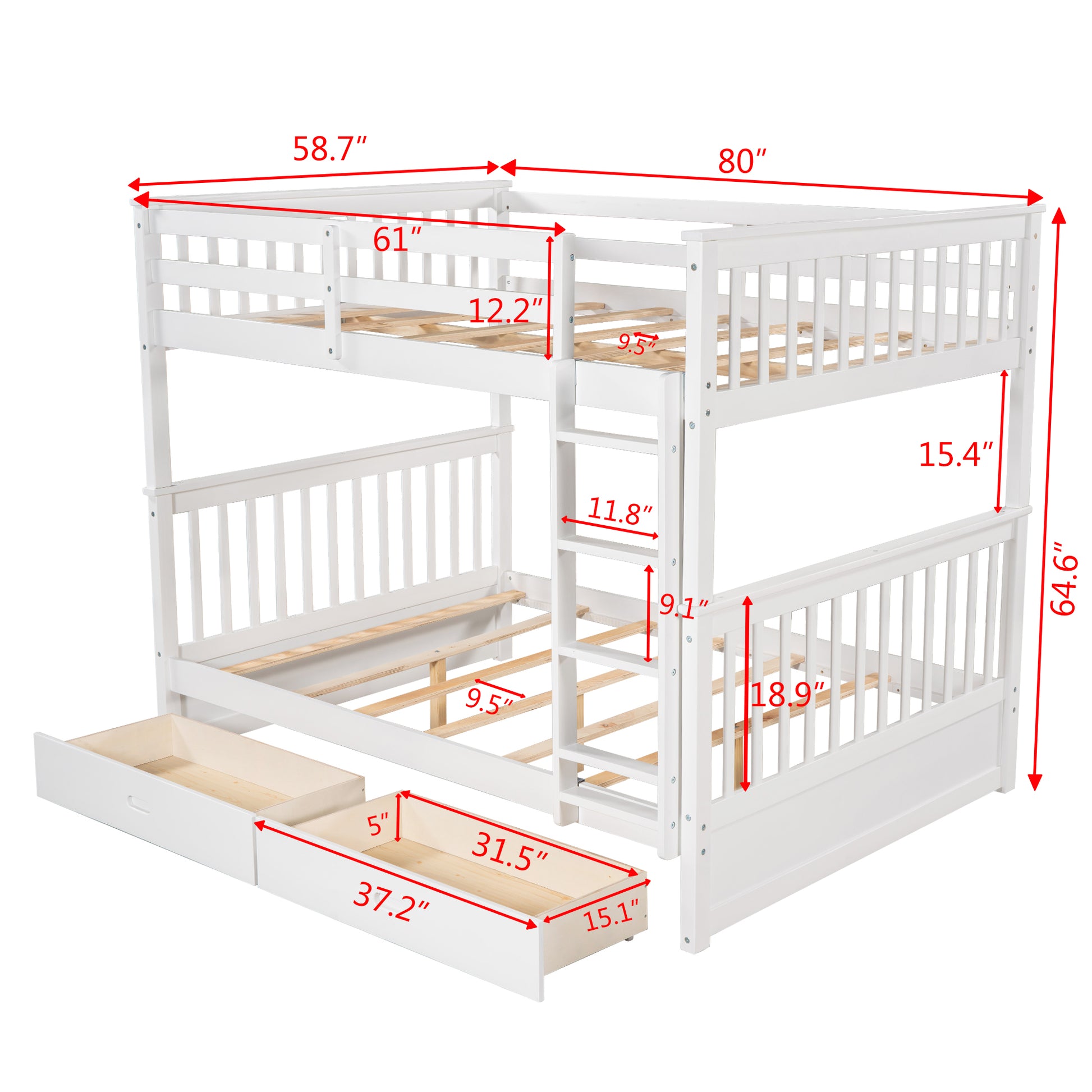 Full Over Full Bunk Bed With Ladders And Two Storage Drawers White Old Sku:Lt000365Aak White Solid Wood