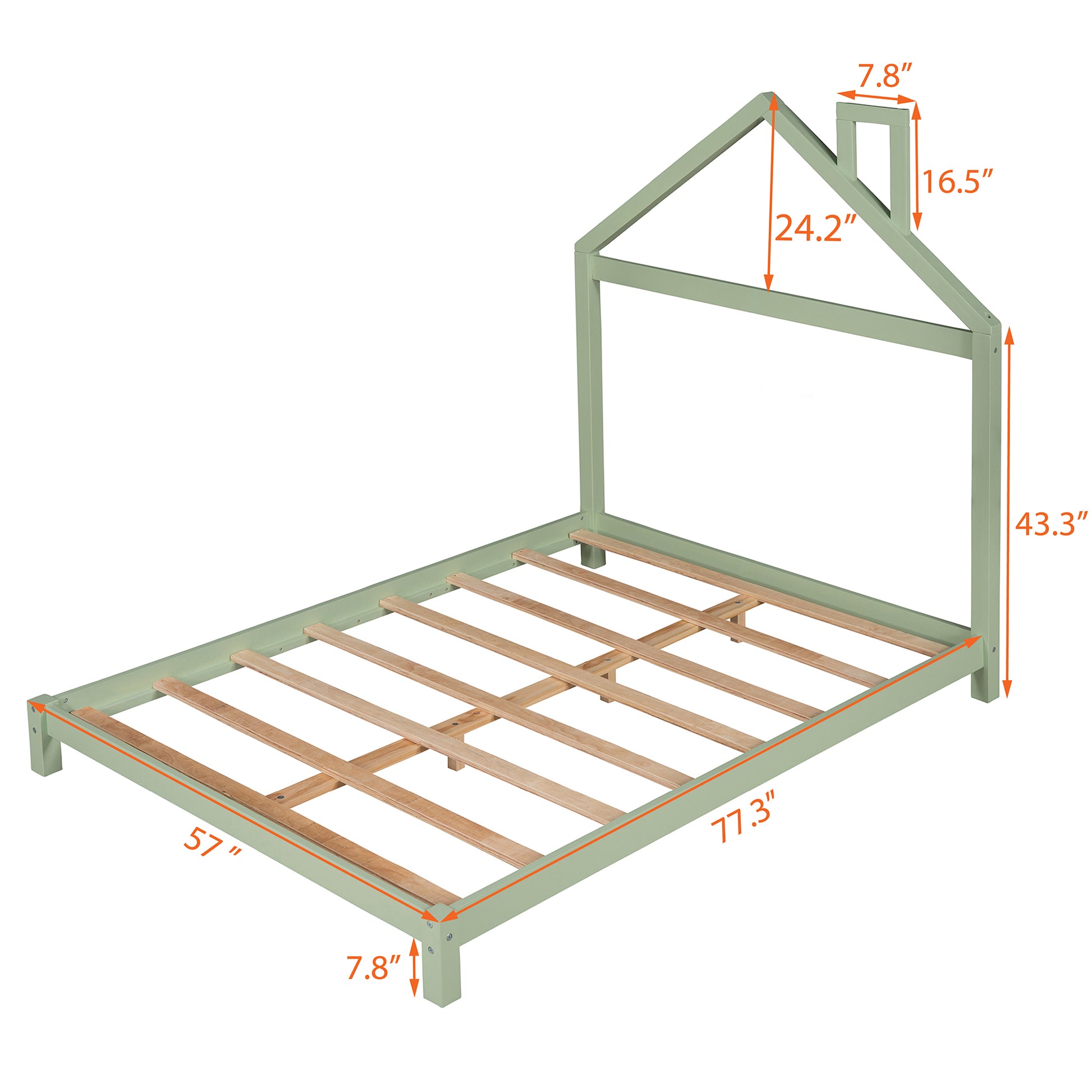 Full Size Wood Platform Bed With House Shaped Headboard Green Green Solid Wood