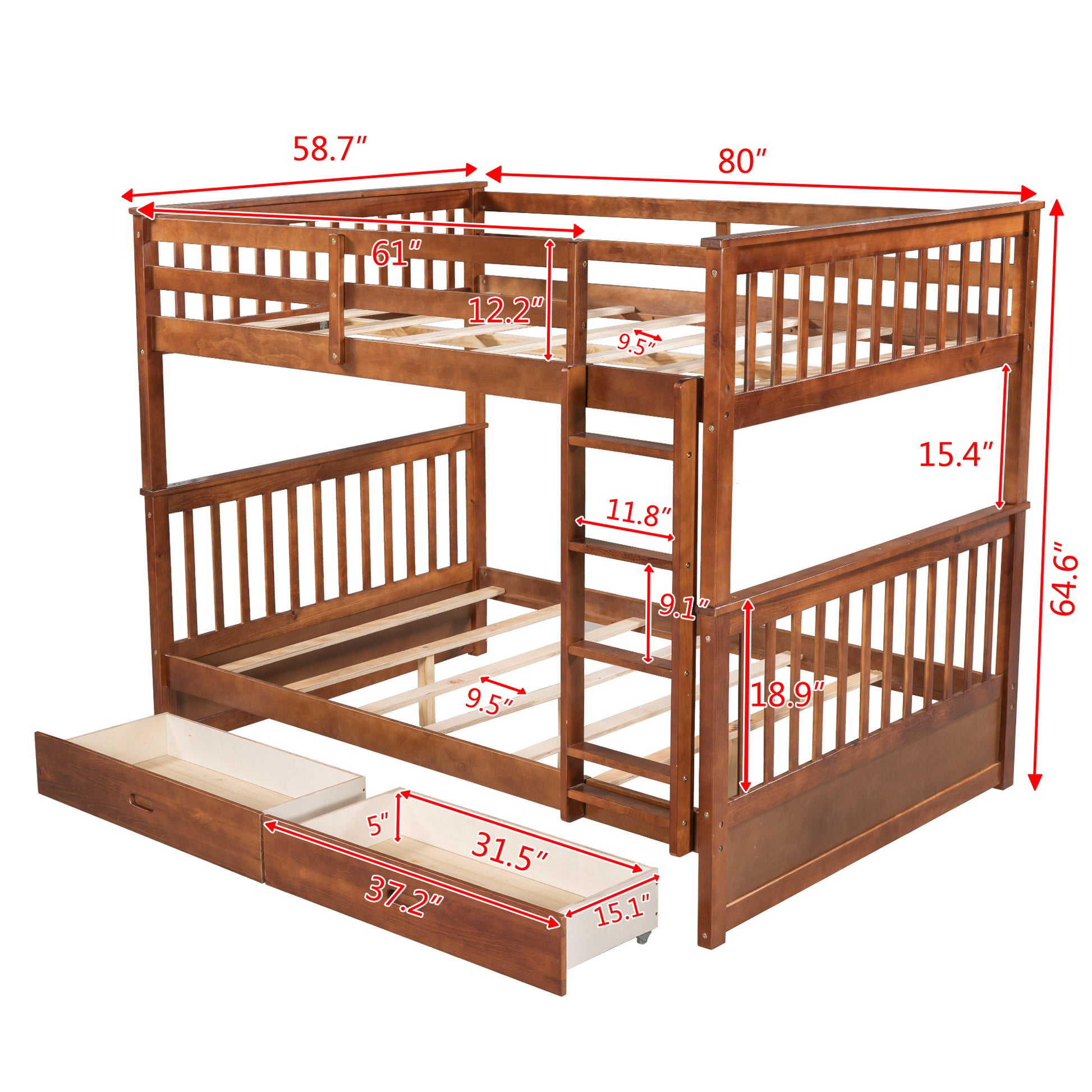 Full Over Full Bunk Bed With Ladders And Two Storage Drawers Walnut Old Sku:Lt000365Aad Walnut Solid Wood