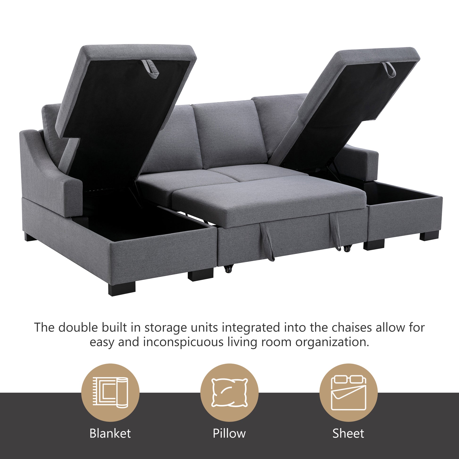 Upholstery Sleeper Sectional Sofa With Double Storage Spaces, 2 Tossing Cushions, Grey Grey Linen