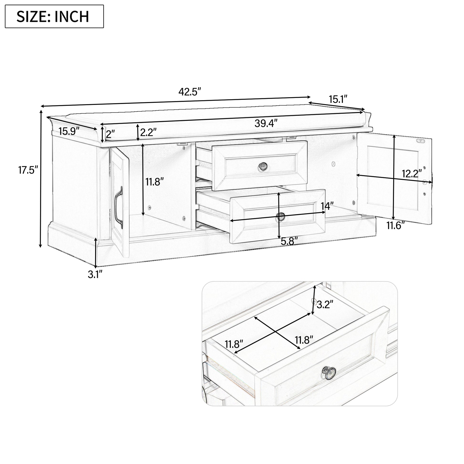 Storage Bench With 2 Drawers And 2 Cabinets, Shoe Bench With Removable Cushion For Living Room, Entryway Gray Wash Gray Wash Solid Wood