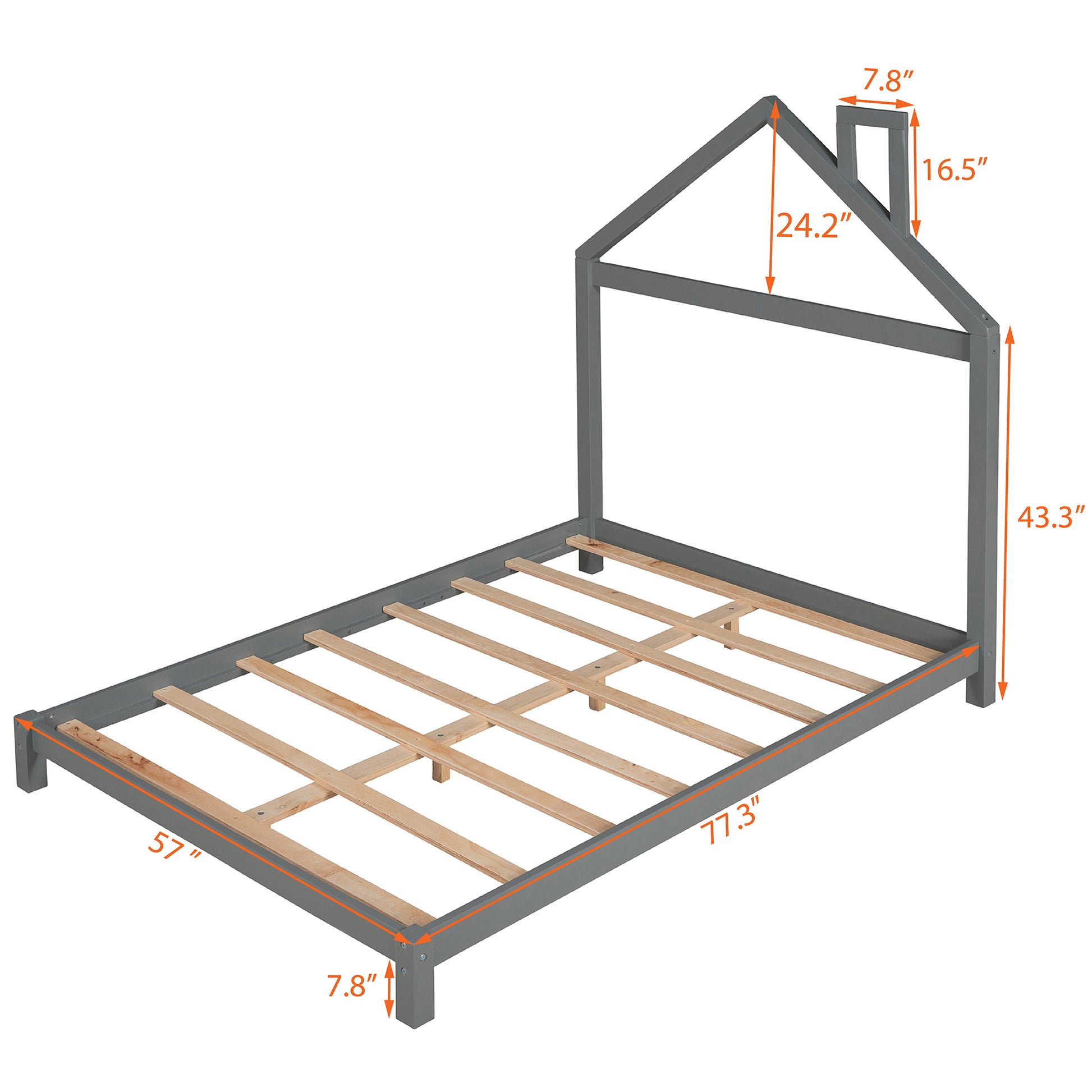 Full Size Wood Platform Bed With House Shaped Headboard Gray Gray Solid Wood