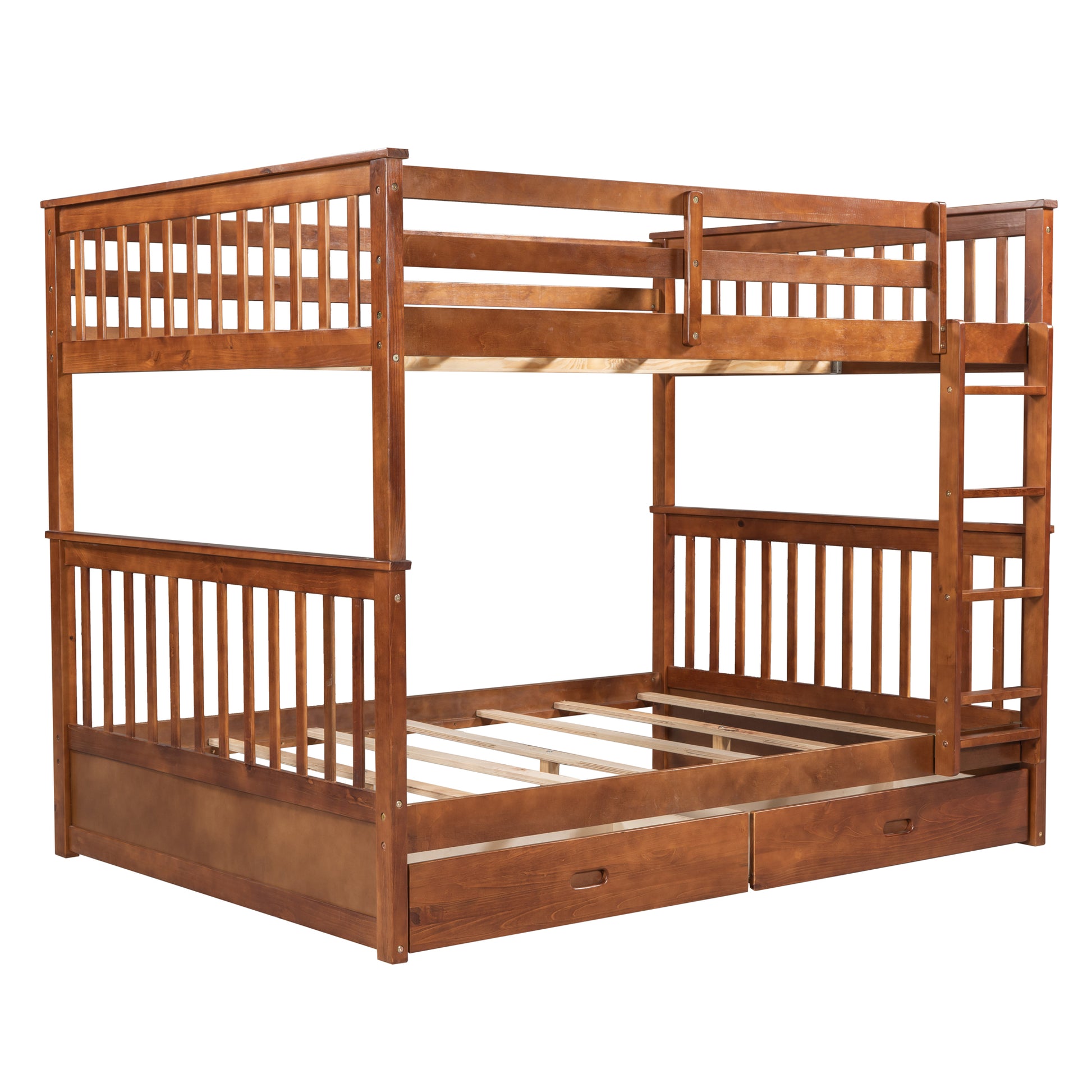 Full Over Full Bunk Bed With Ladders And Two Storage Drawers Walnut Old Sku:Lt000365Aad Walnut Solid Wood