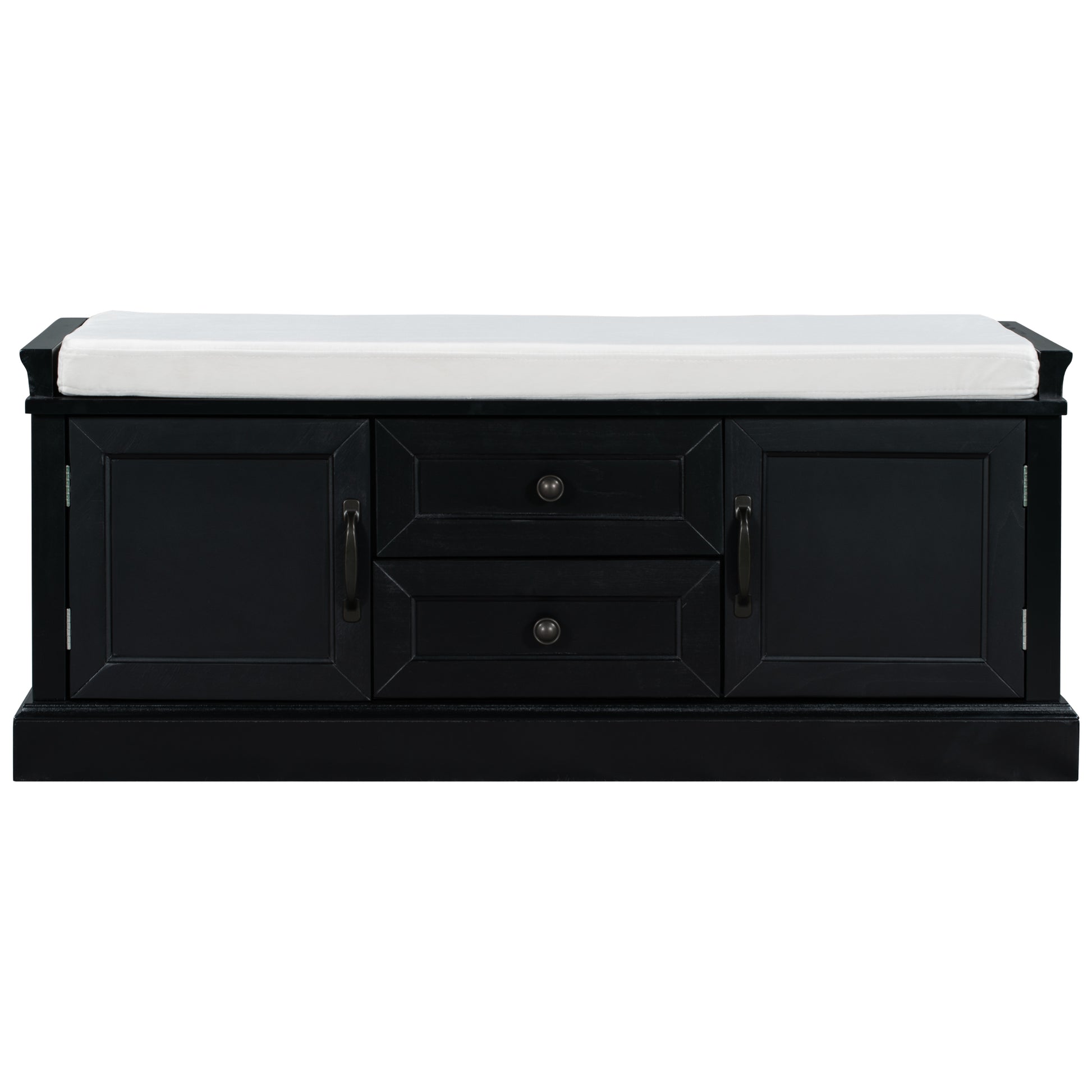 Storage Bench With 2 Drawers And 2 Cabinets, Shoe Bench With Removable Cushion For Living Room, Entryway Black Black Solid Wood