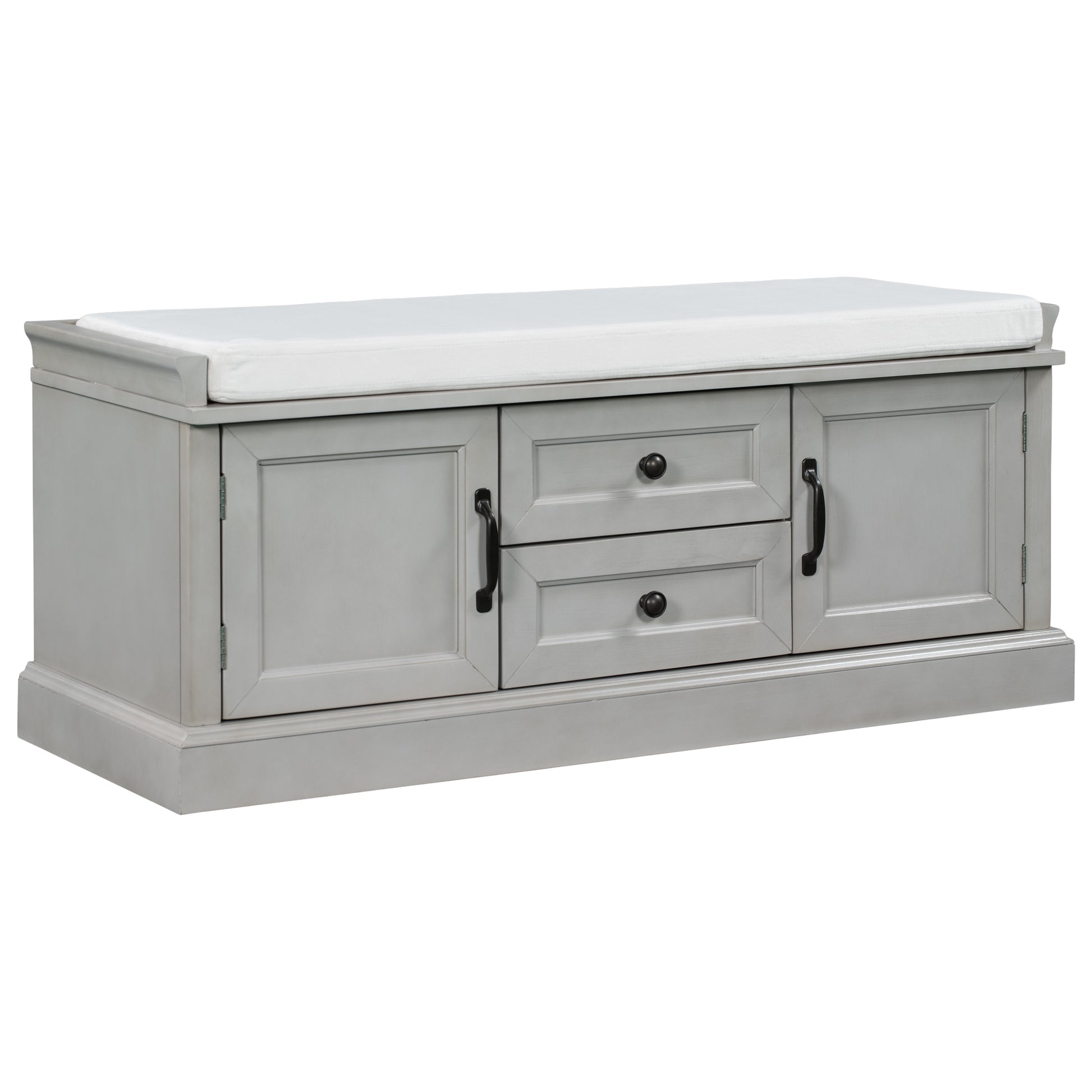 Storage Bench With 2 Drawers And 2 Cabinets, Shoe Bench With Removable Cushion For Living Room, Entryway Gray Wash Gray Wash Solid Wood