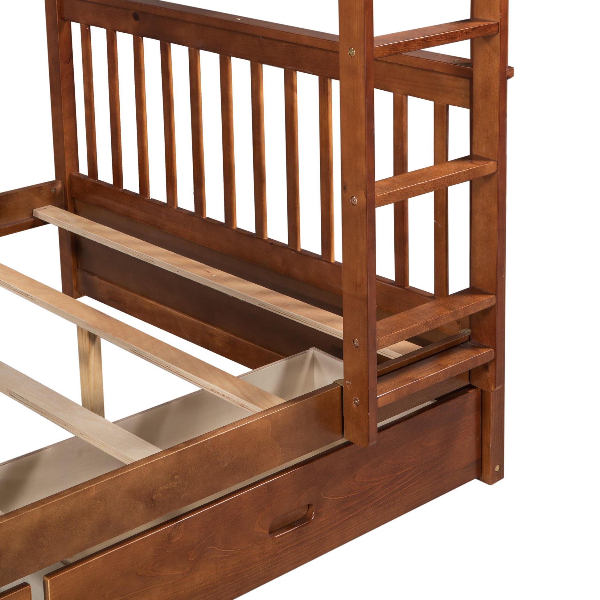 Full Over Full Bunk Bed With Ladders And Two Storage Drawers Walnut Old Sku:Lt000365Aad Walnut Solid Wood