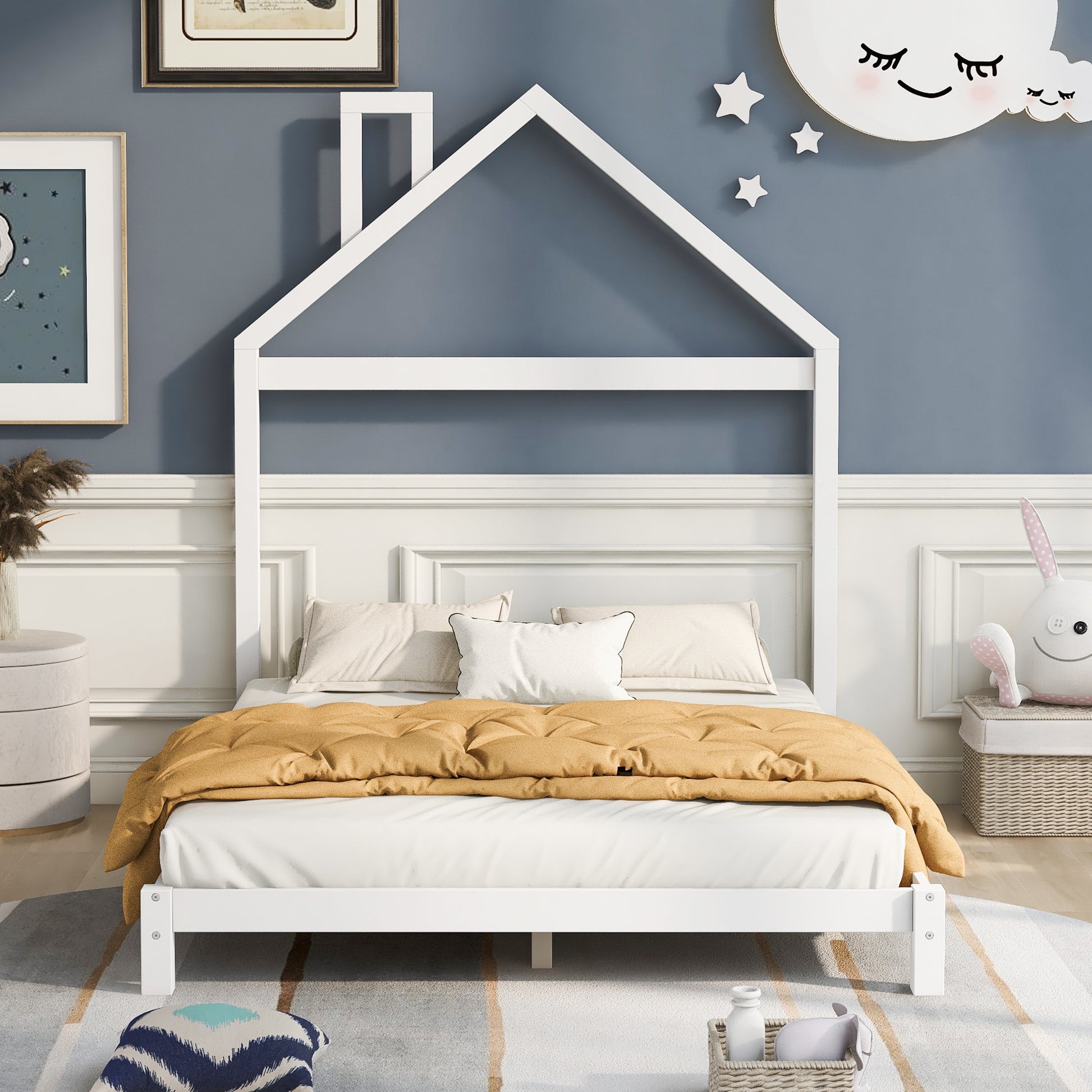 Full Size Wood Platform Bed With House Shaped Headboard White White Solid Wood