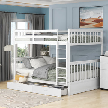 Full Over Full Bunk Bed With Ladders And Two Storage Drawers White Old Sku:Lt000365Aak White Solid Wood