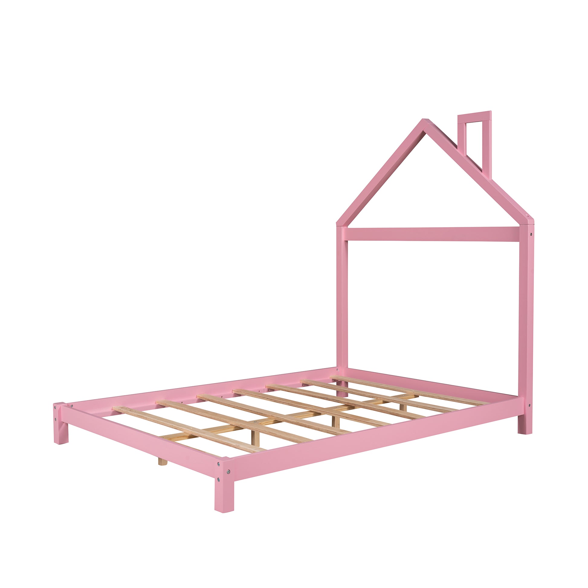 Full Size Wood Platform Bed With House Shaped Headboard Pink Pink Solid Wood