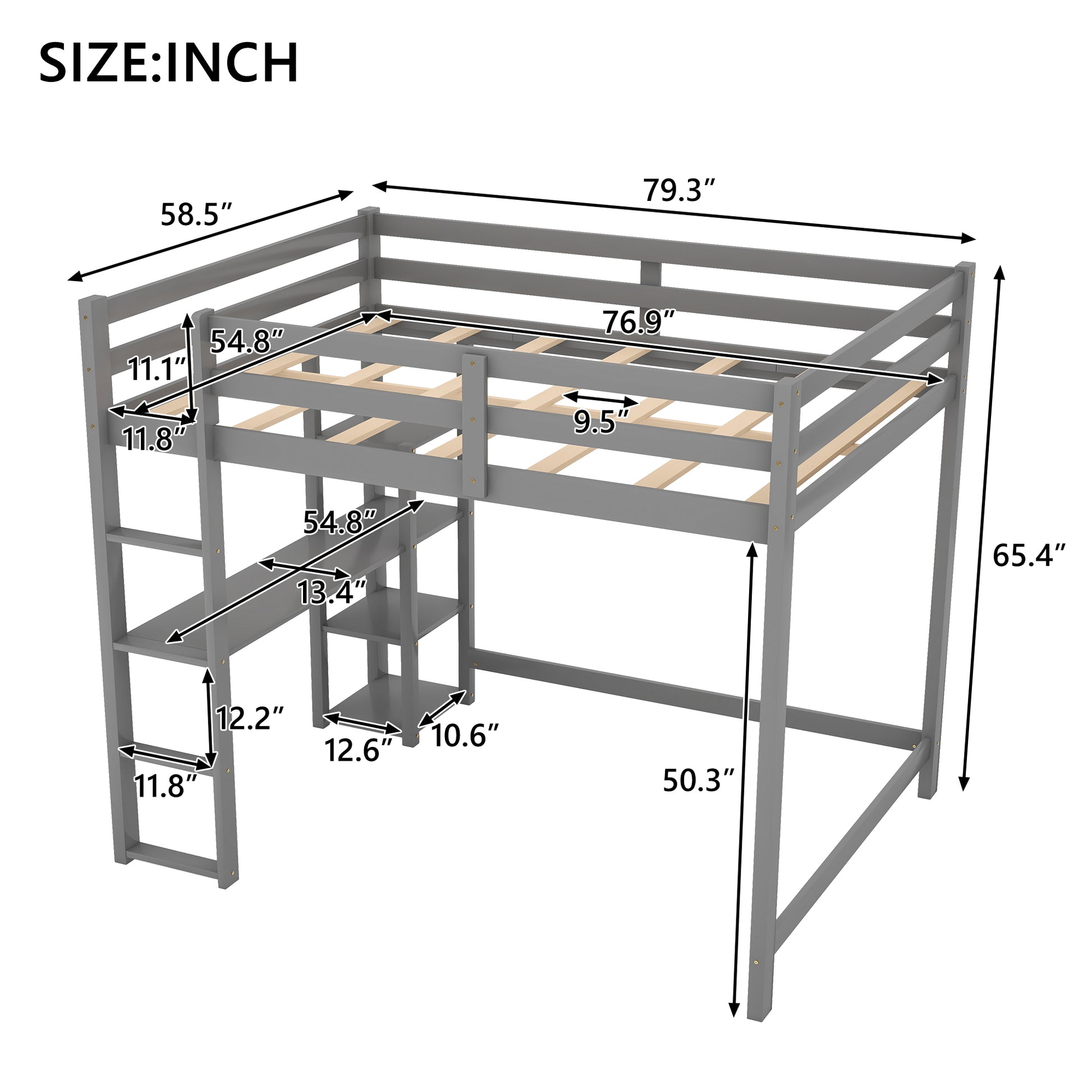 Full Size Loft Bed With Built In Desk And Shelves,Gray Gray Pine