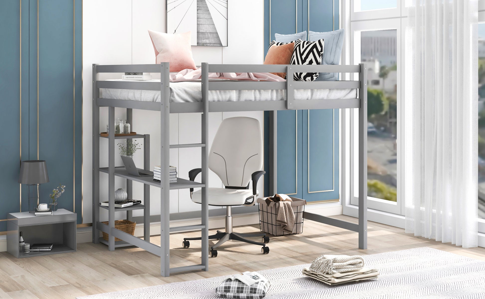 Full Size Loft Bed With Built In Desk And Shelves,Gray Gray Pine