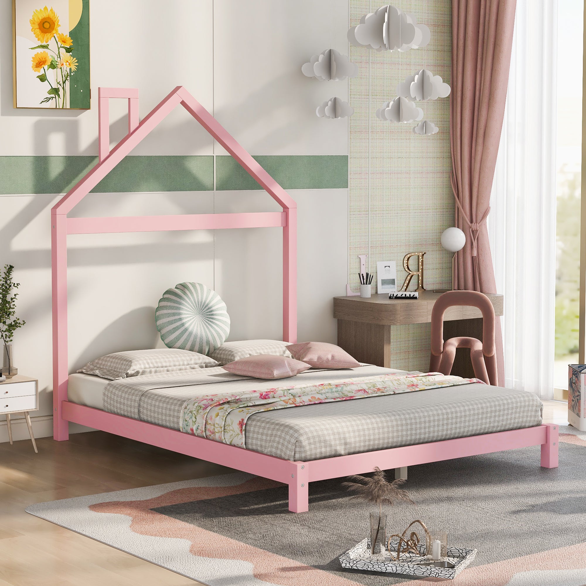 Full Size Wood Platform Bed With House Shaped Headboard Pink Pink Solid Wood