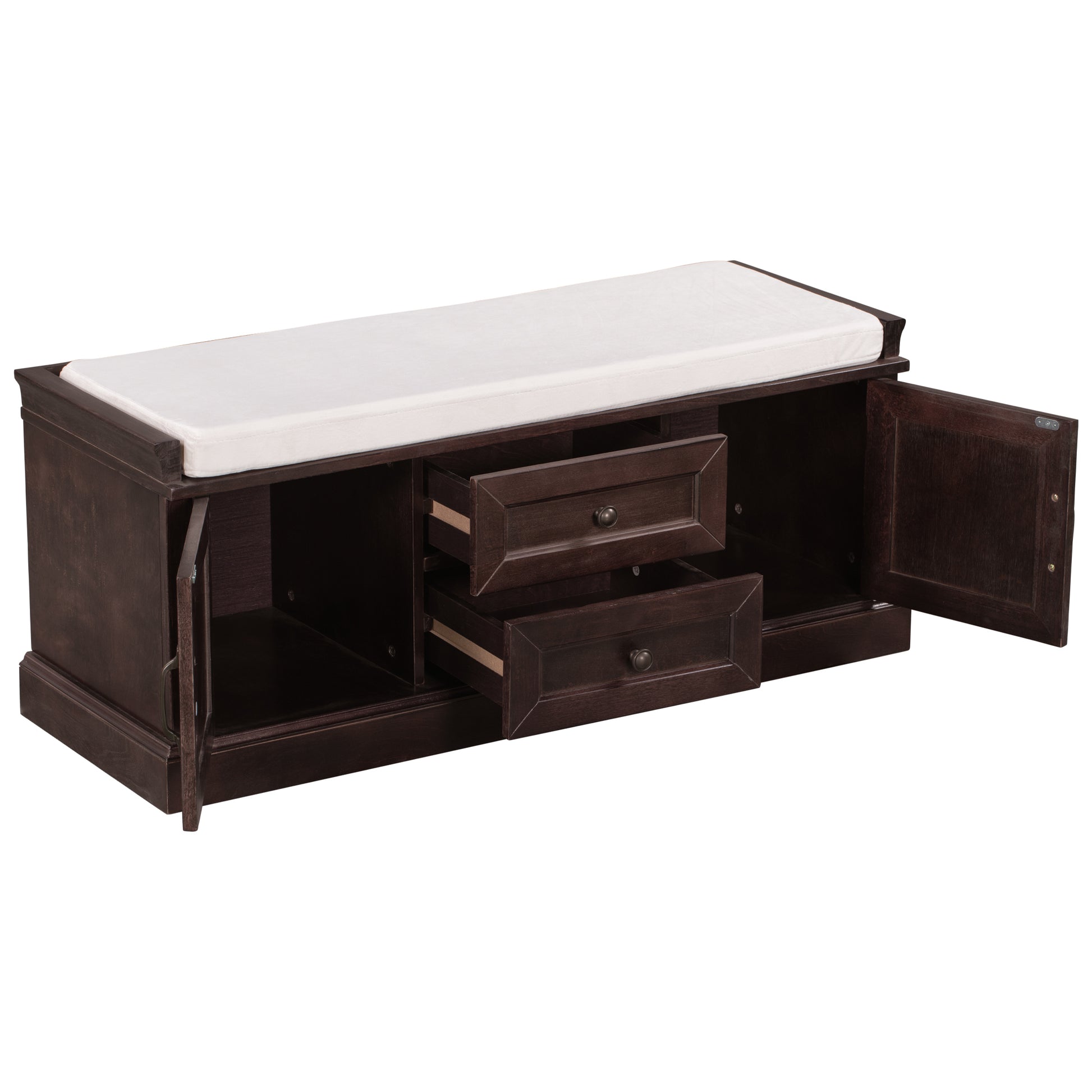 Storage Bench With 2 Drawers And 2 Cabinets, Shoe Bench With Removable Cushion For Living Room, Entryway Espresso Espresso Solid Wood