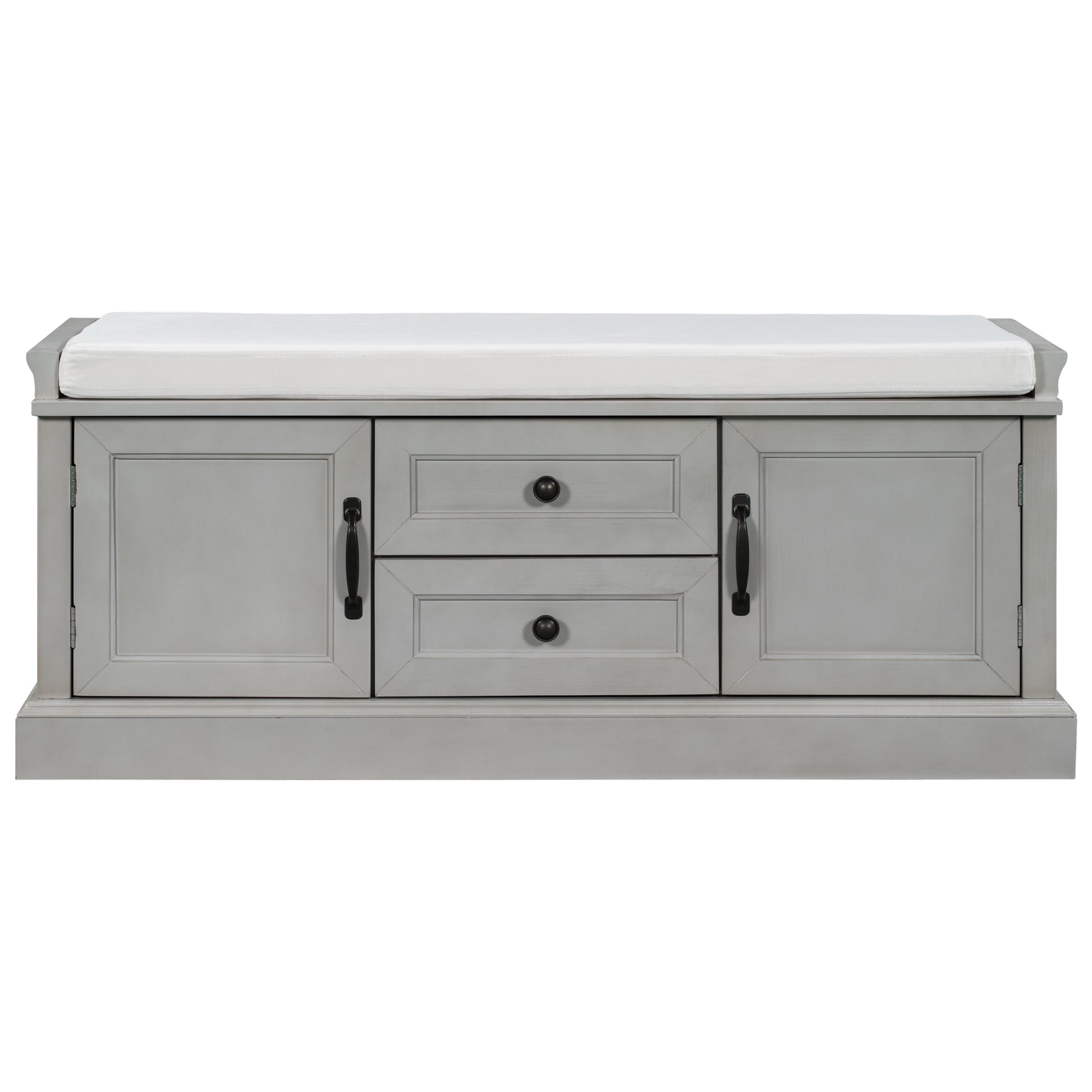 Storage Bench With 2 Drawers And 2 Cabinets, Shoe Bench With Removable Cushion For Living Room, Entryway Gray Wash Gray Wash Solid Wood