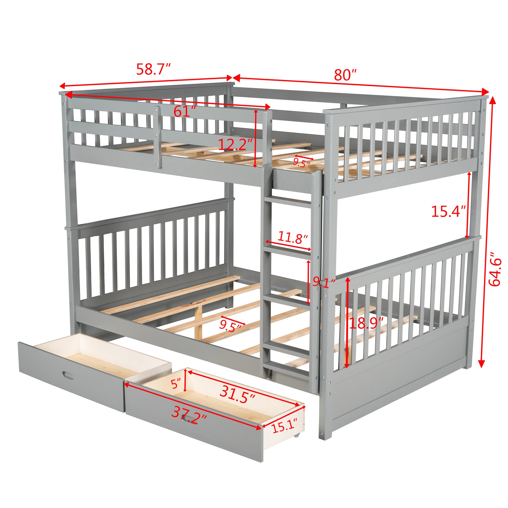 Full Over Full Bunk Bed With Ladders And Two Storage Drawers Gray Old Sku:Lt000365Aae Gray Solid Wood