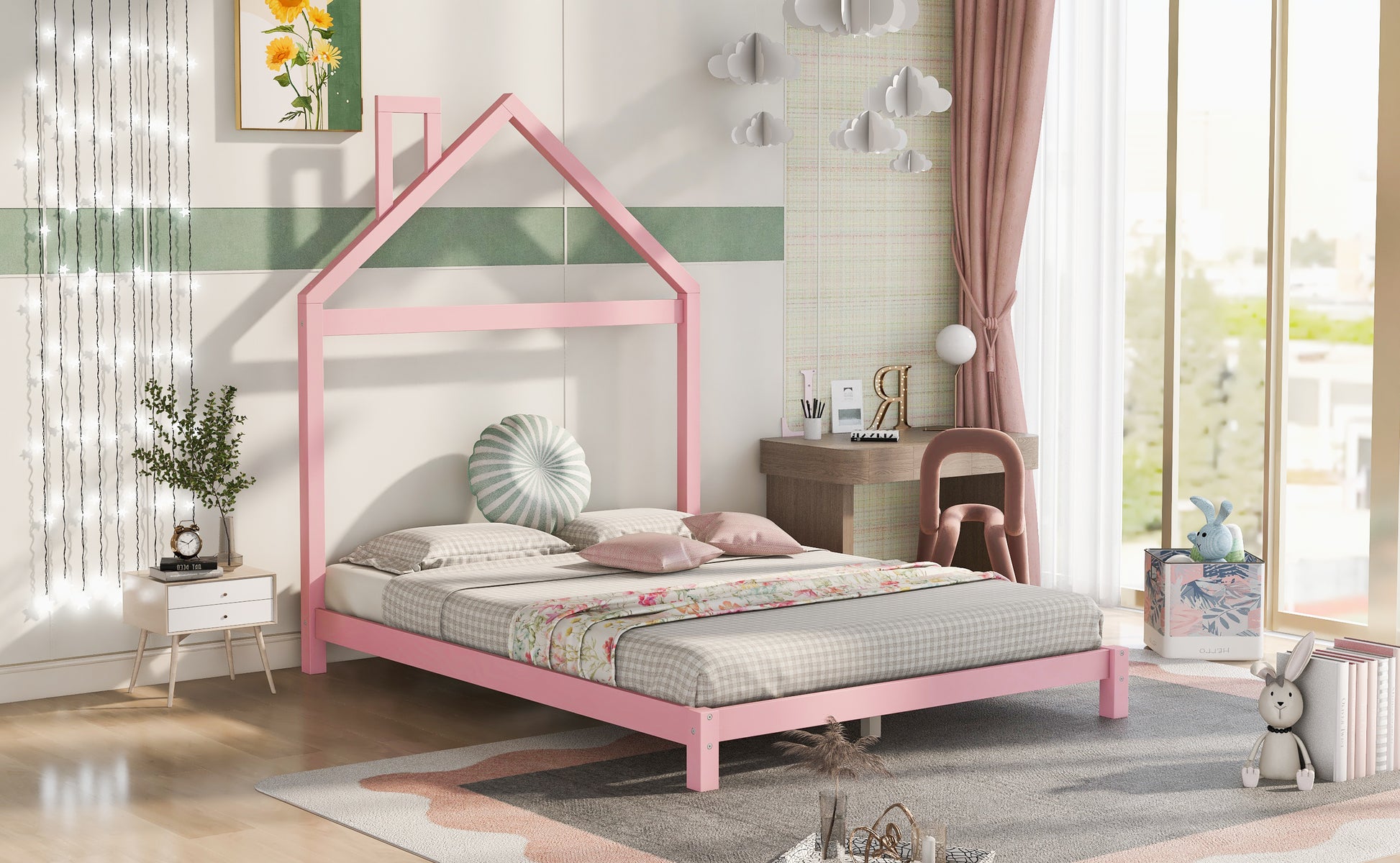 Full Size Wood Platform Bed With House Shaped Headboard Pink Pink Solid Wood