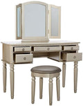 Bedroom Contemporary Vanity Set W Foldable Mirror Stool Drawers Silver Color Silver Gray Vanity Stools Bedroom Round Grey Classic,Contemporary Padded Seat Rubberwood Solid Wood