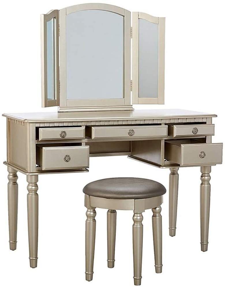 Bedroom Contemporary Vanity Set W Foldable Mirror Stool Drawers Silver Color Silver Gray Vanity Stools Bedroom Round Grey Classic,Contemporary Padded Seat Rubberwood Solid Wood