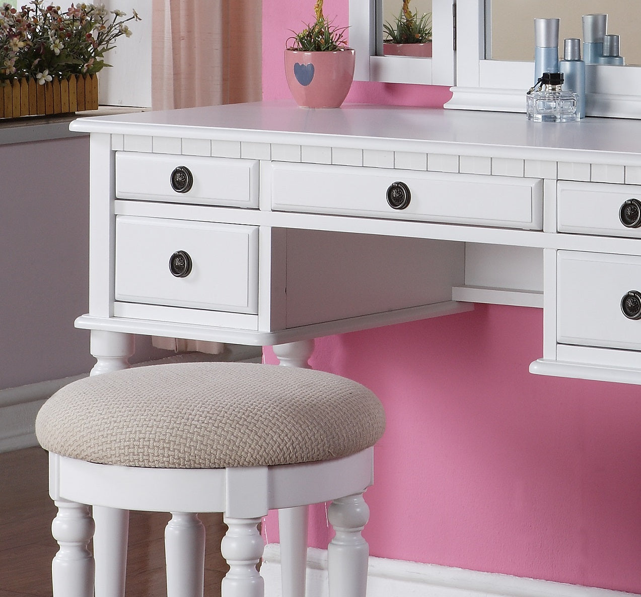 Bedroom Contemporary Vanity Set W Foldable Mirror Stool Drawers White Color White White Vanity Stools Bedroom Round Classic,Contemporary Padded Seat Rubberwood Solid Wood