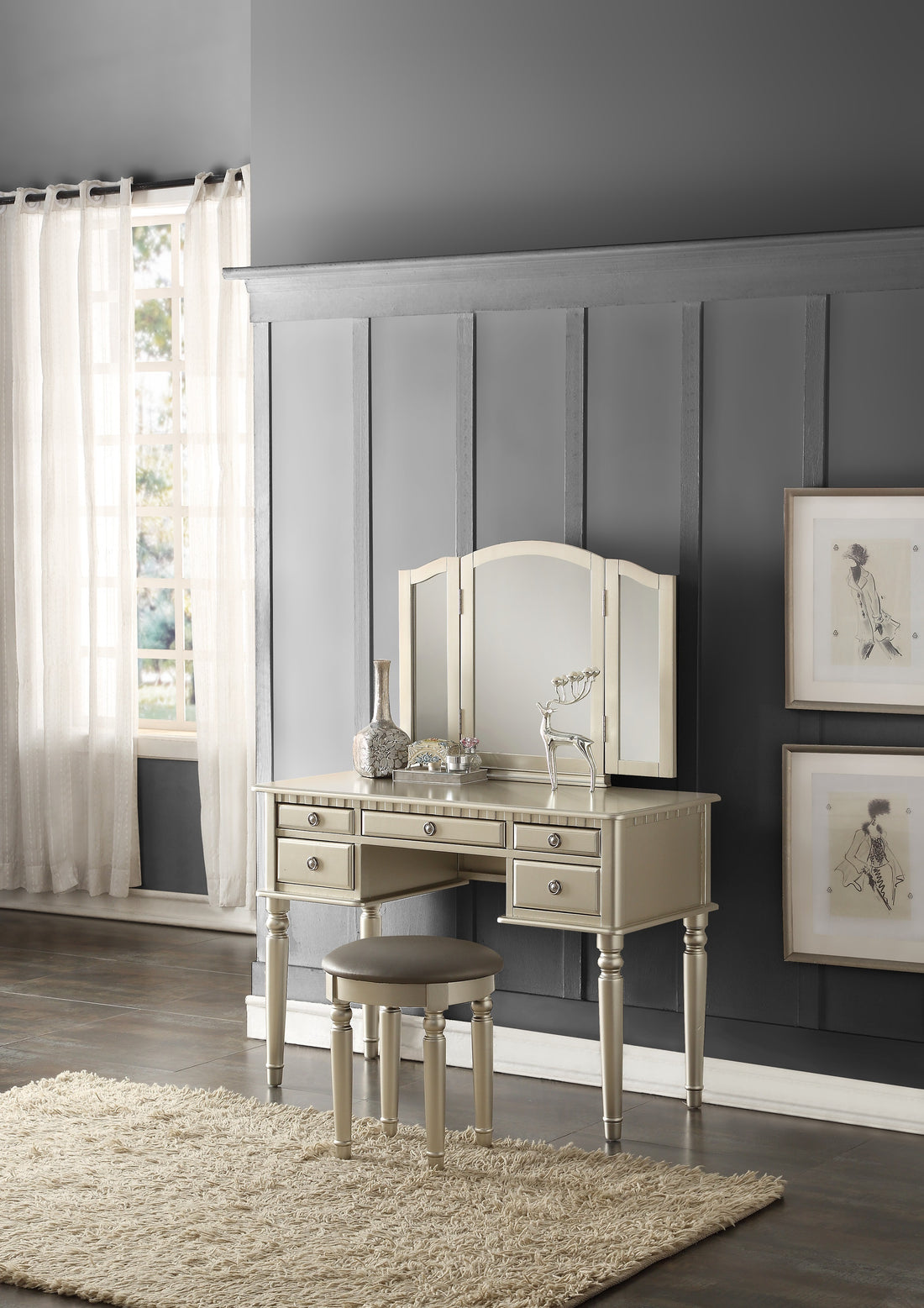 Bedroom Contemporary Vanity Set W Foldable Mirror Stool Drawers Silver Color Silver Gray Vanity Stools Bedroom Round Grey Classic,Contemporary Padded Seat Rubberwood Solid Wood