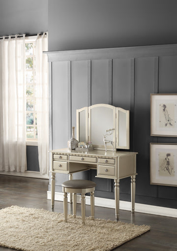 Bedroom Contemporary Vanity Set W Foldable Mirror Stool Drawers Silver Color Silver Gray Vanity Stools Bedroom Round Grey Classic,Contemporary Padded Seat Rubberwood Solid Wood