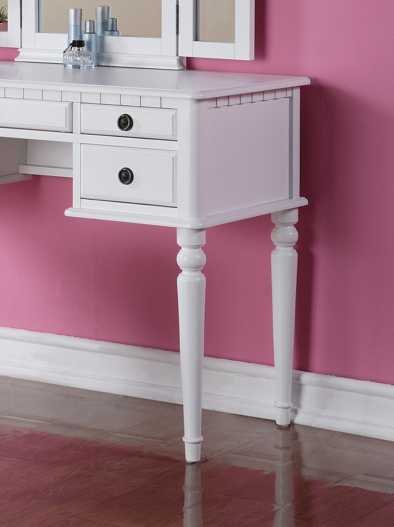 Bedroom Contemporary Vanity Set W Foldable Mirror Stool Drawers White Color White White Vanity Stools Bedroom Round Classic,Contemporary Padded Seat Rubberwood Solid Wood