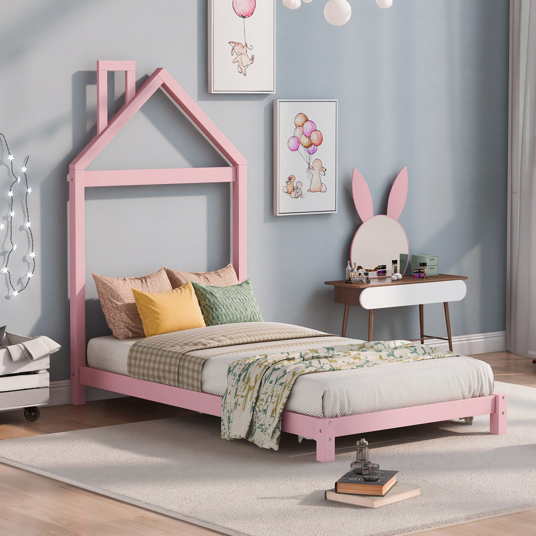 Twin Size Wood Platform Bed With House Shaped Headboard Pink Pink Solid Wood