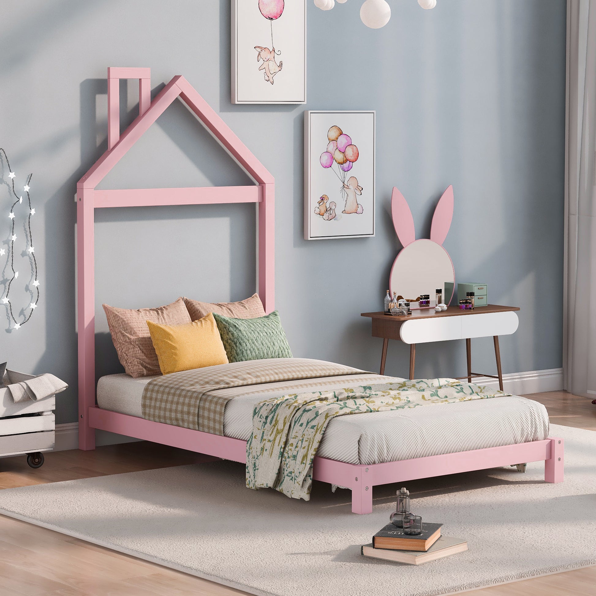 Twin Size Wood Platform Bed With House Shaped Headboard Pink Pink Solid Wood