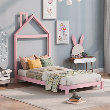 Twin Size Wood Platform Bed With House Shaped Headboard Pink Pink Solid Wood