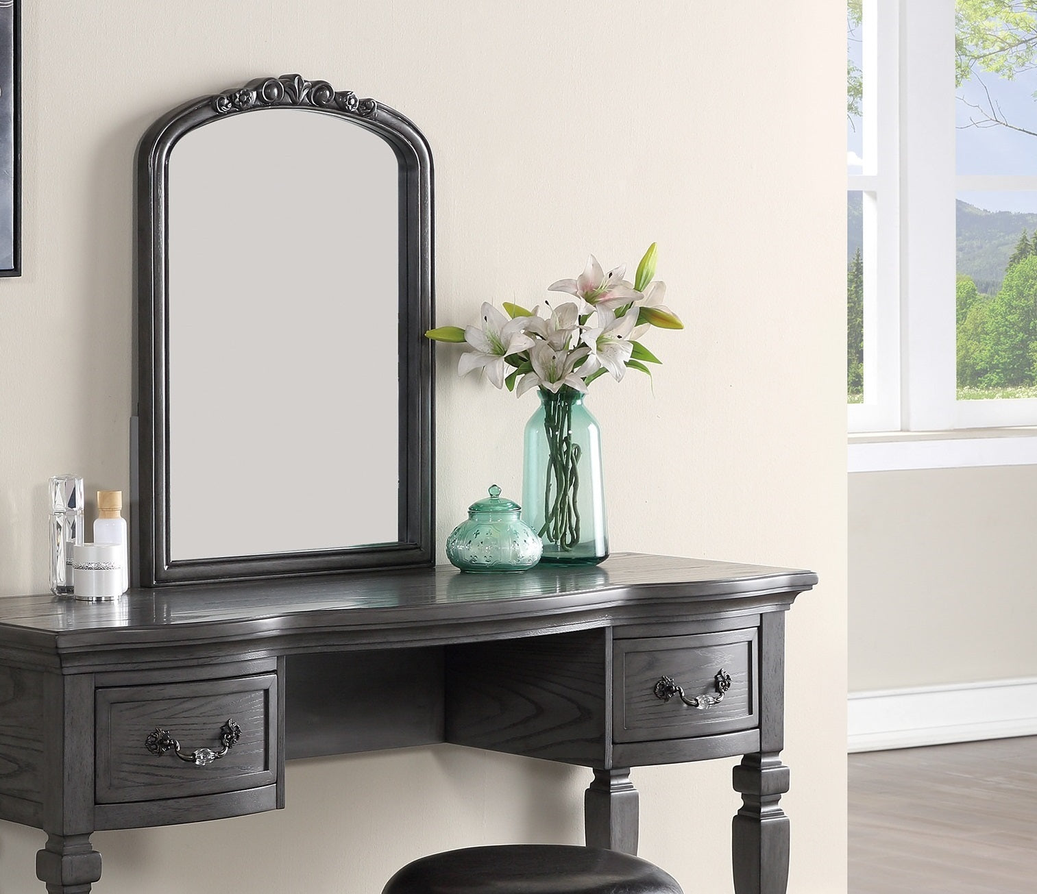 Bedroom Classic Vanity Set Wooden Carved Mirror Stool Drawers Antique Grey Finish Grey Vanity Stools Bedroom Round Black Classic,Contemporary,Luxury Rubberwood Solid Wood
