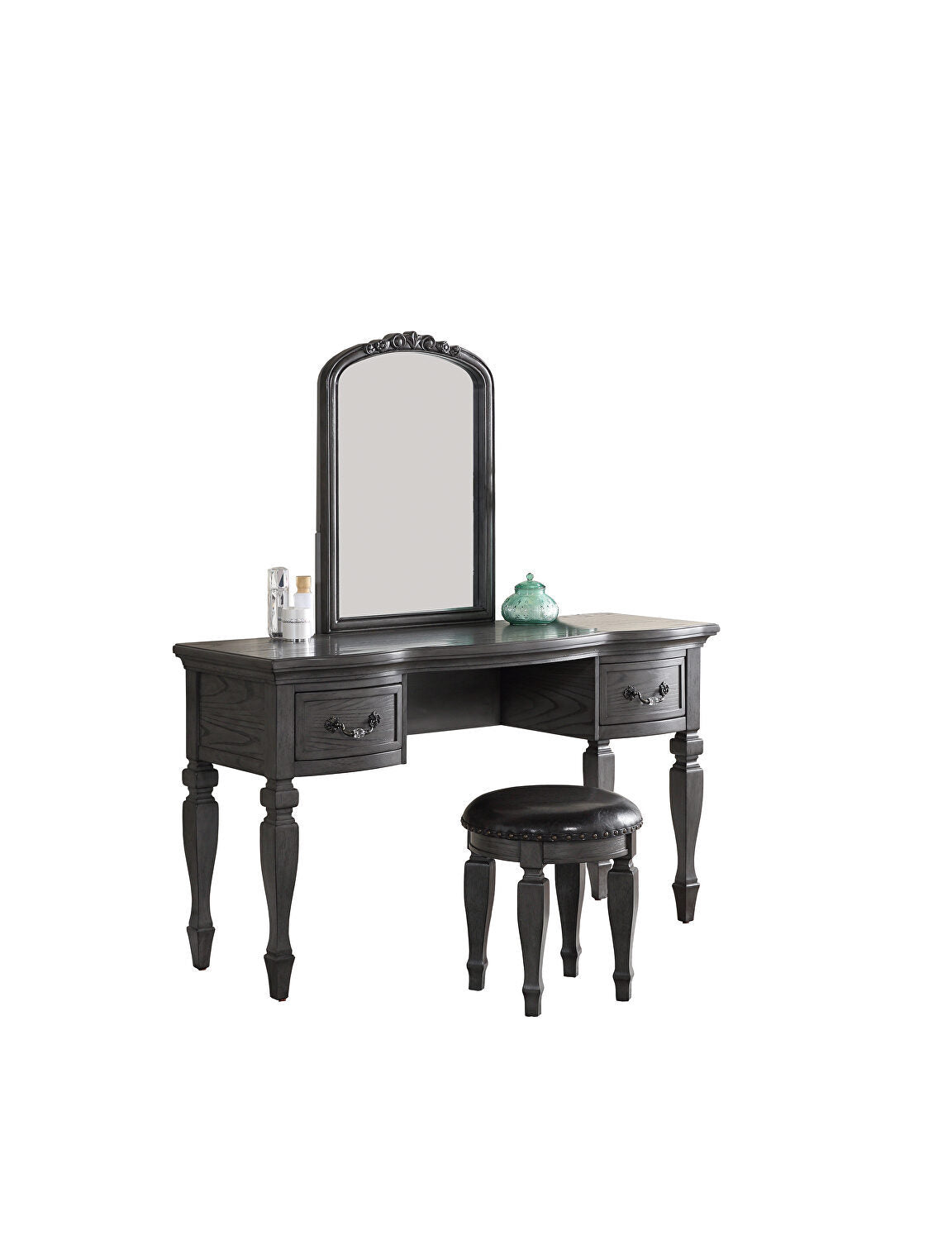 Bedroom Classic Vanity Set Wooden Carved Mirror Stool Drawers Antique Grey Finish Grey Vanity Stools Bedroom Round Black Classic,Contemporary,Luxury Rubberwood Solid Wood